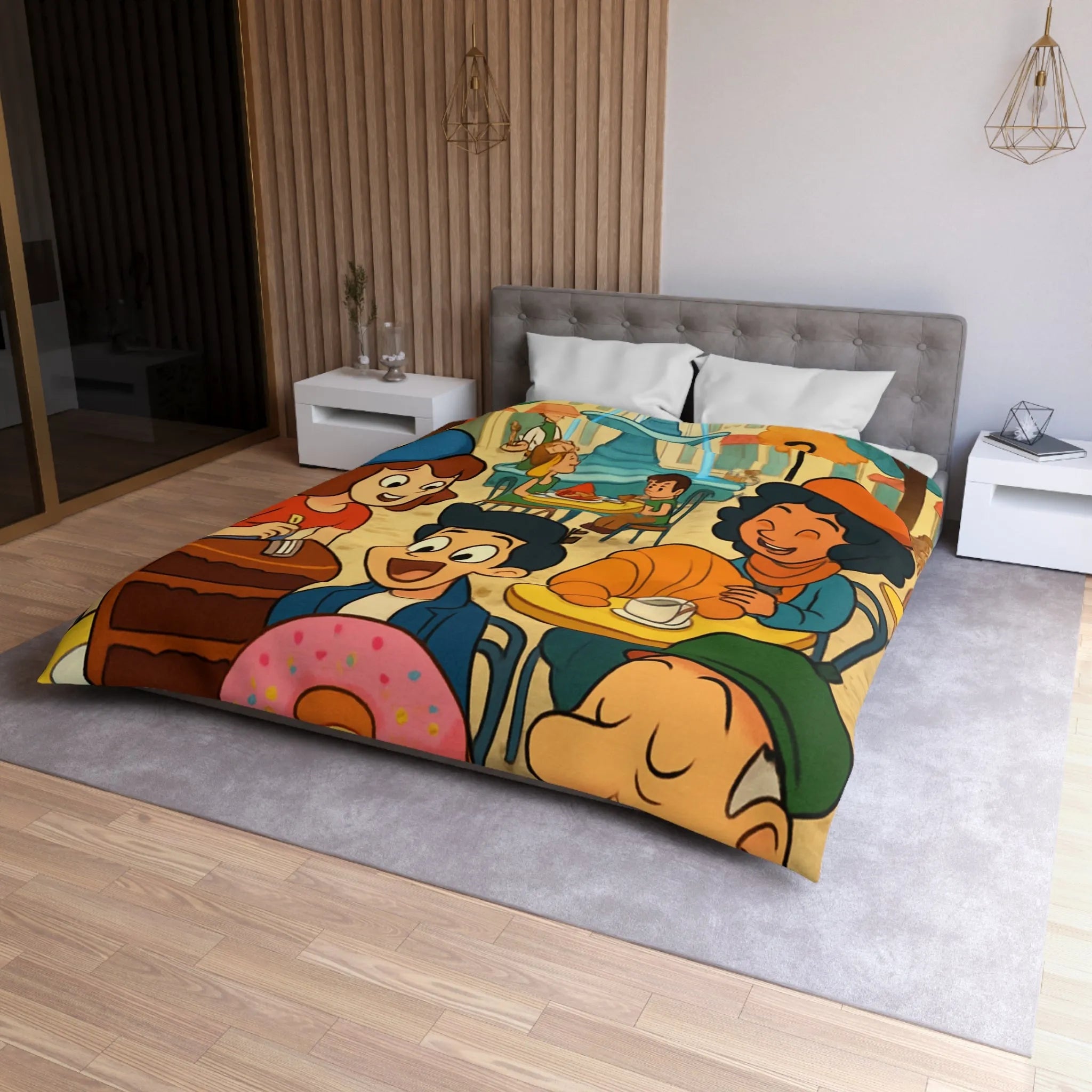 Housse de Couette Illustrée Café Parisien Déjeuner en Plein Air Ambiance Automnale Colorée