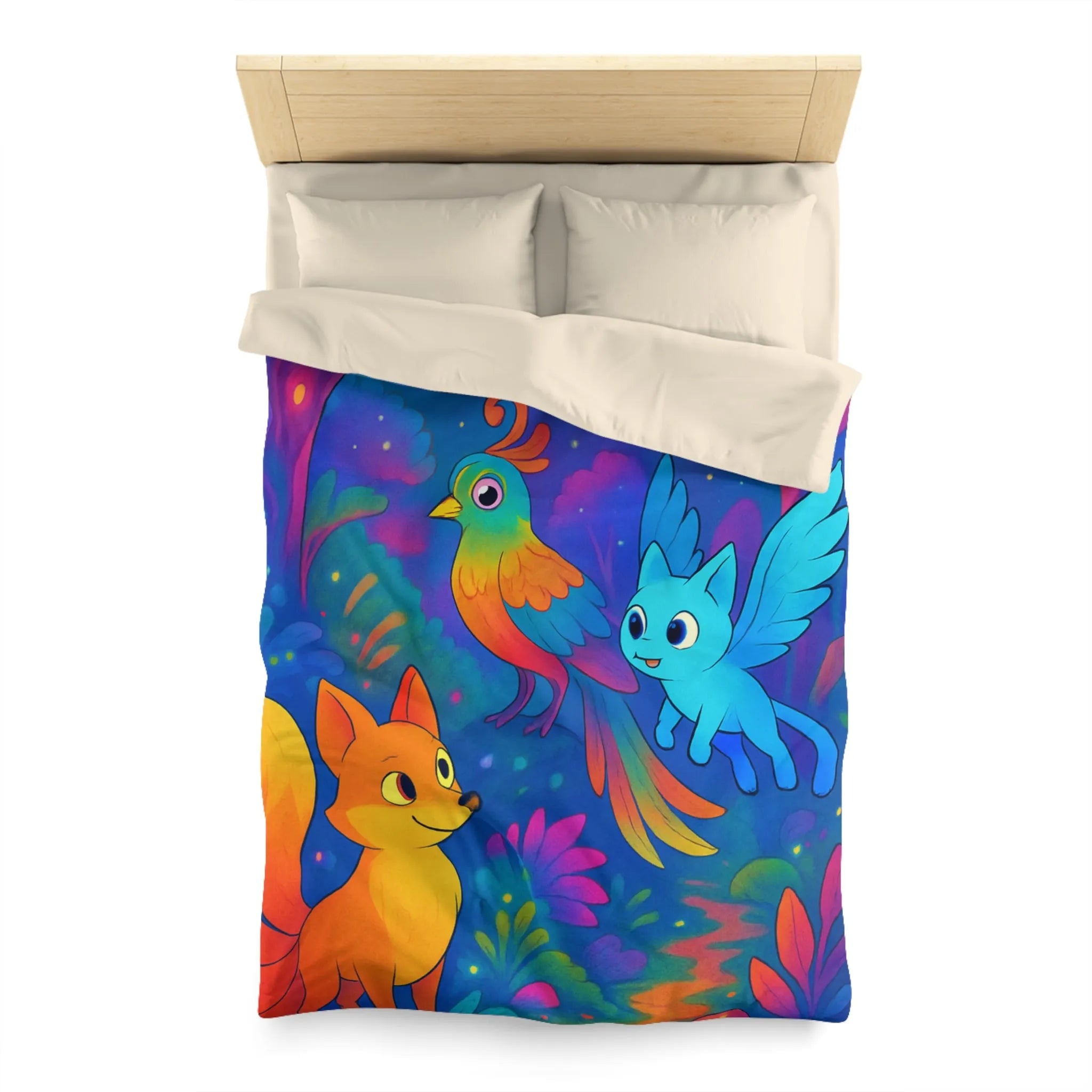 Housse de couette colorée avec animaux fantastiques dans une forêt magique nocturne