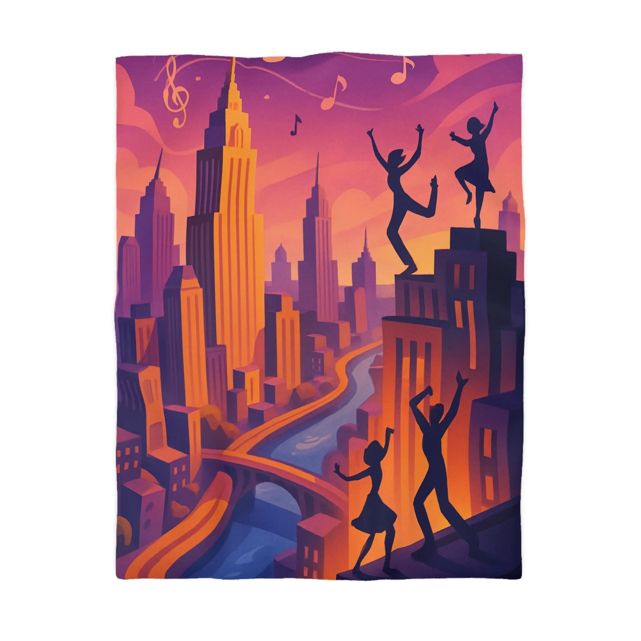 Housse de Couette avec Danseurs et Ville au Coucher de Soleil, Tonalités Vibrantes