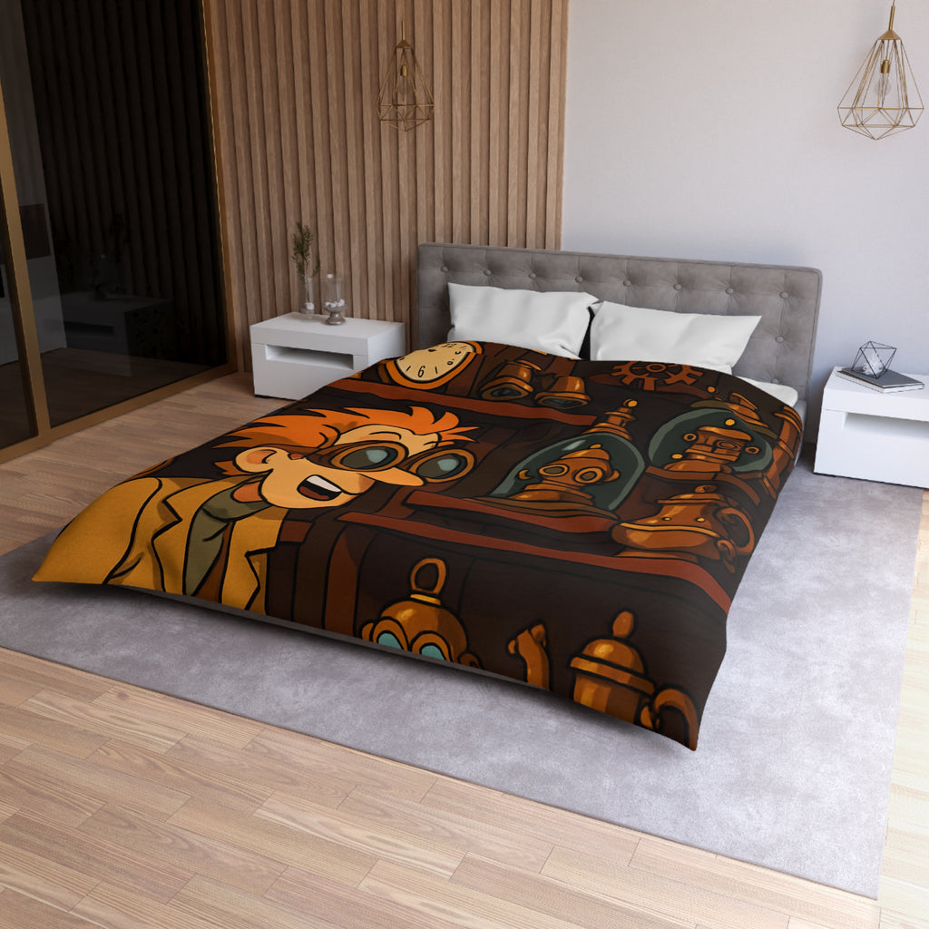 Housse de couette steampunk avec engrenages dorés et inventeur aux lunettes futuristes