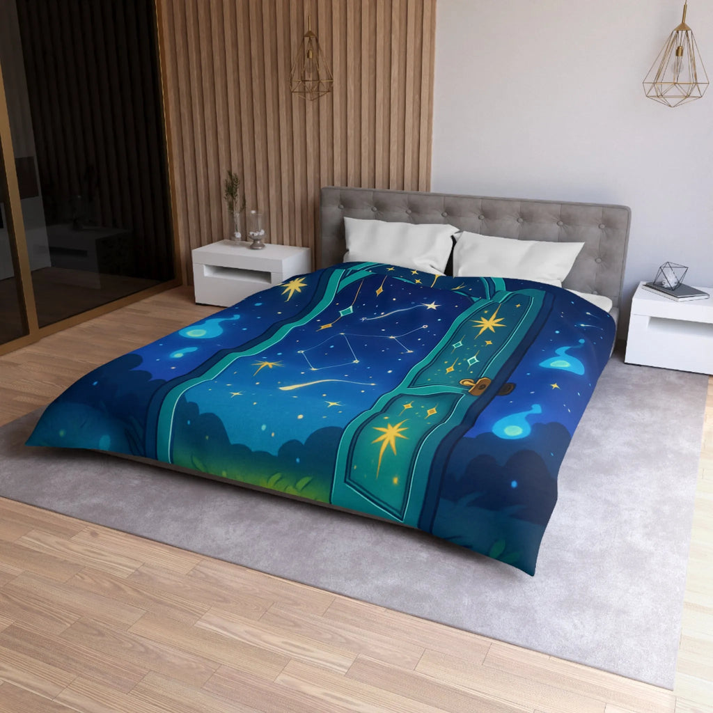 Housse de couette magique avec porte ouverte sur ciel étoilé bleu et constellations