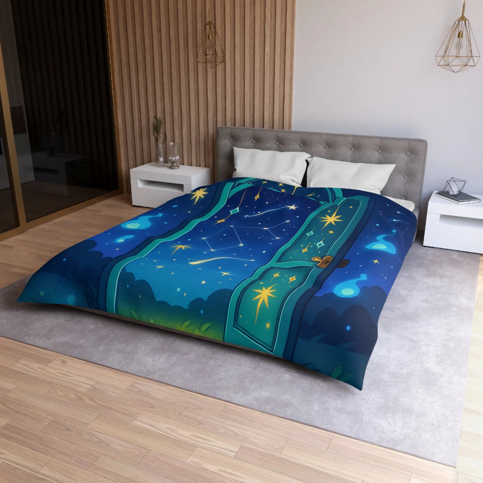 Housse de couette magique avec porte ouverte sur ciel étoilé bleu et constellations