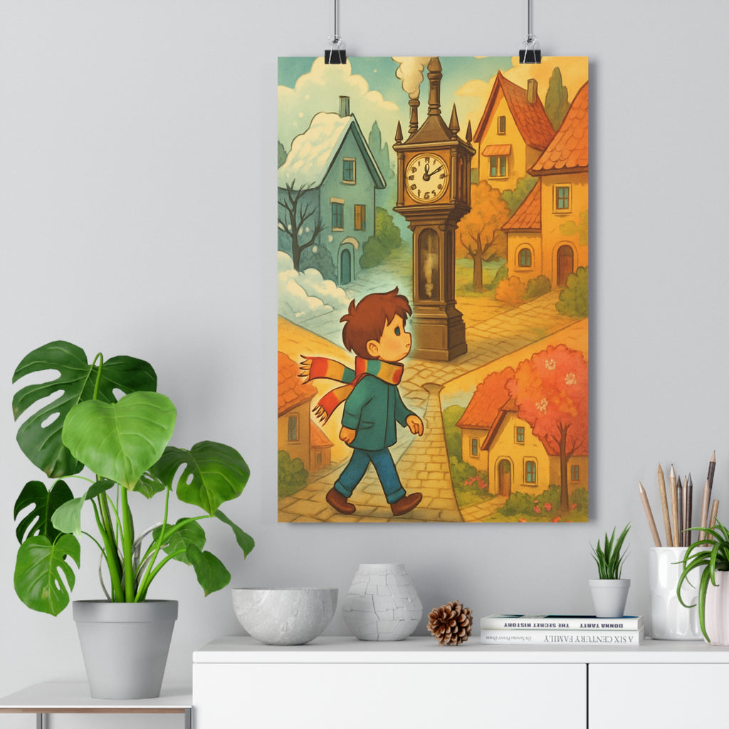 Poster décoratif village saison changement pastel nostalgique fantaisiste enfant salon chambre hiver automne qualité