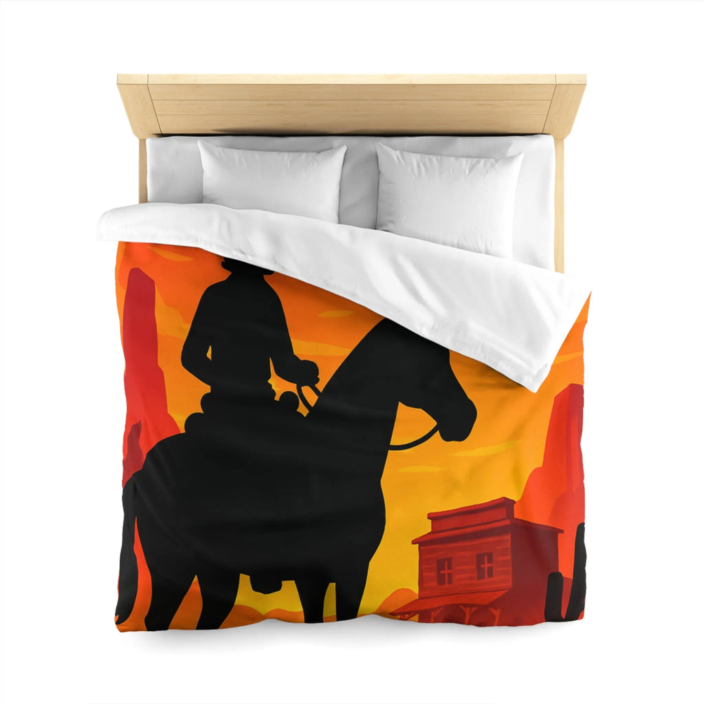 Housse de couette Far West cavalier cheval silhouette coucher de soleil scène désertique