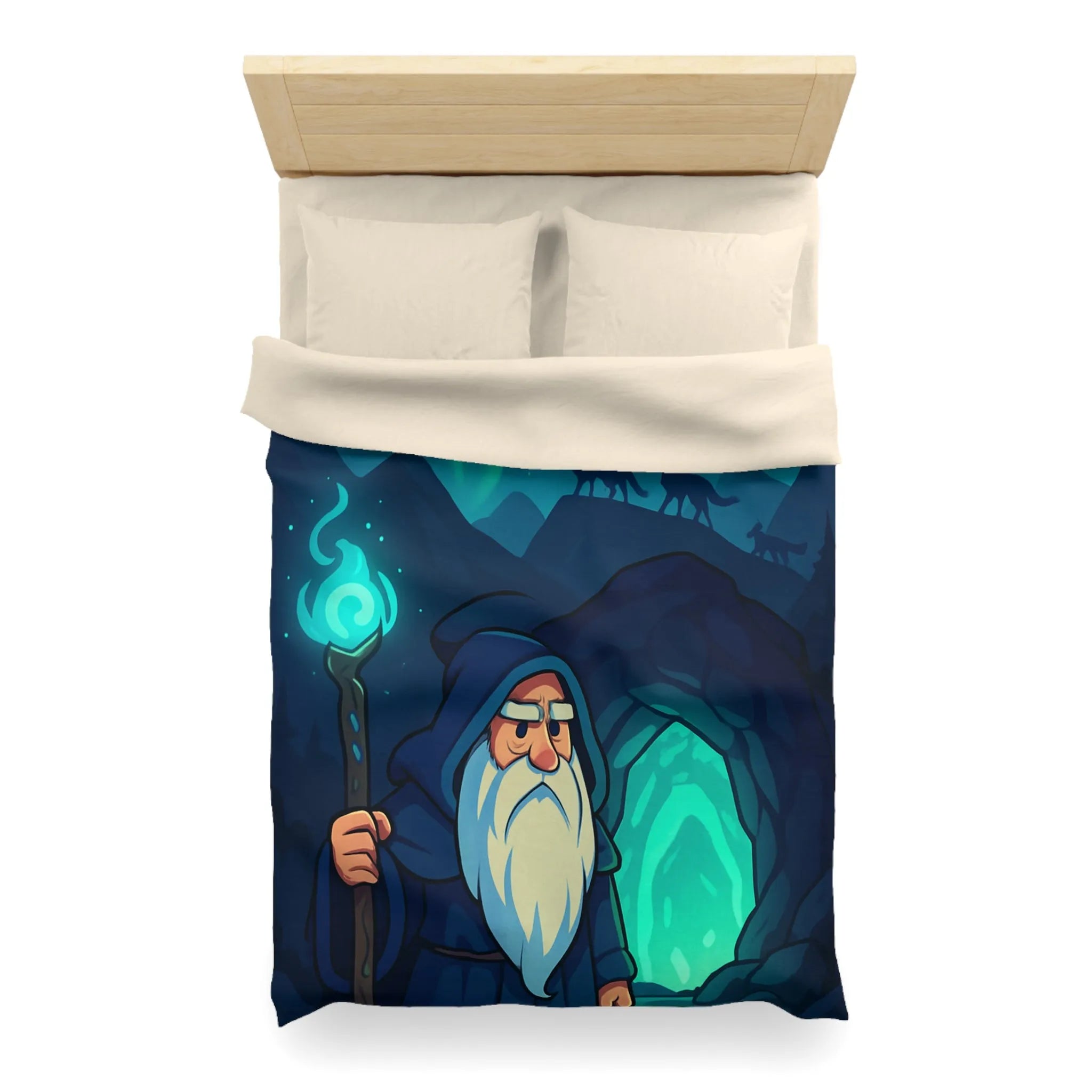 Housse de couette avec illustration de sorcier sous une aurore boréale et pleine lune