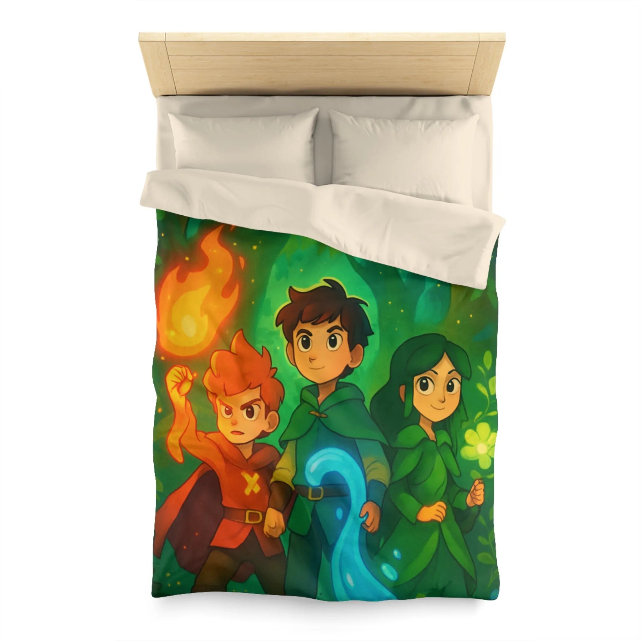 Housse de couette enchantée avec personnages magiques dans une forêt lumineuse et colorée
