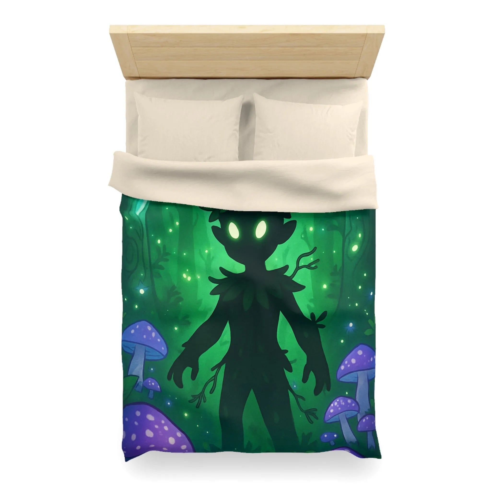 Housse de couette féerique avec créature forestière et champignons lumineux dans la nuit