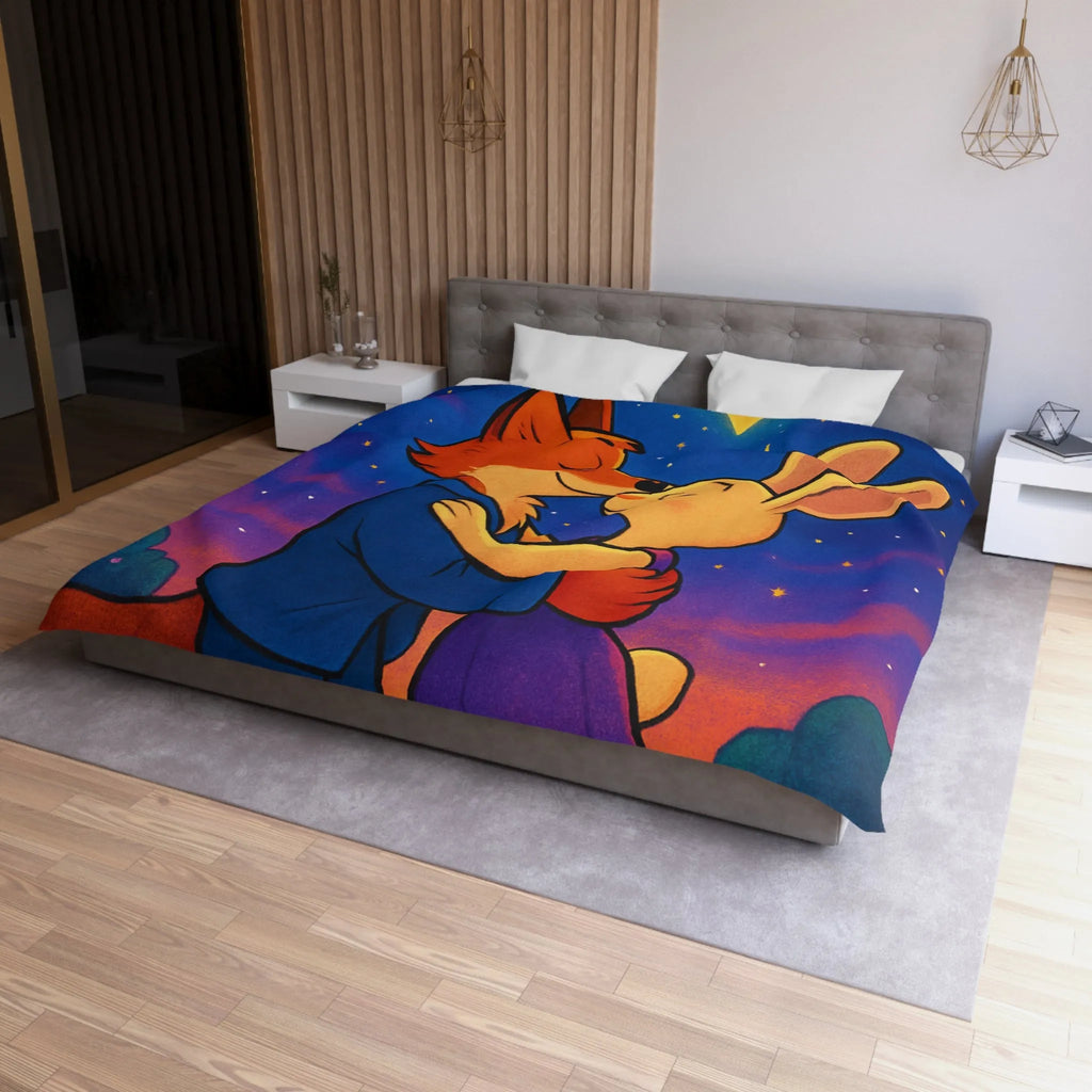 Housse de couette avec renard et lapin amoureux sous ciel étoilé romantique