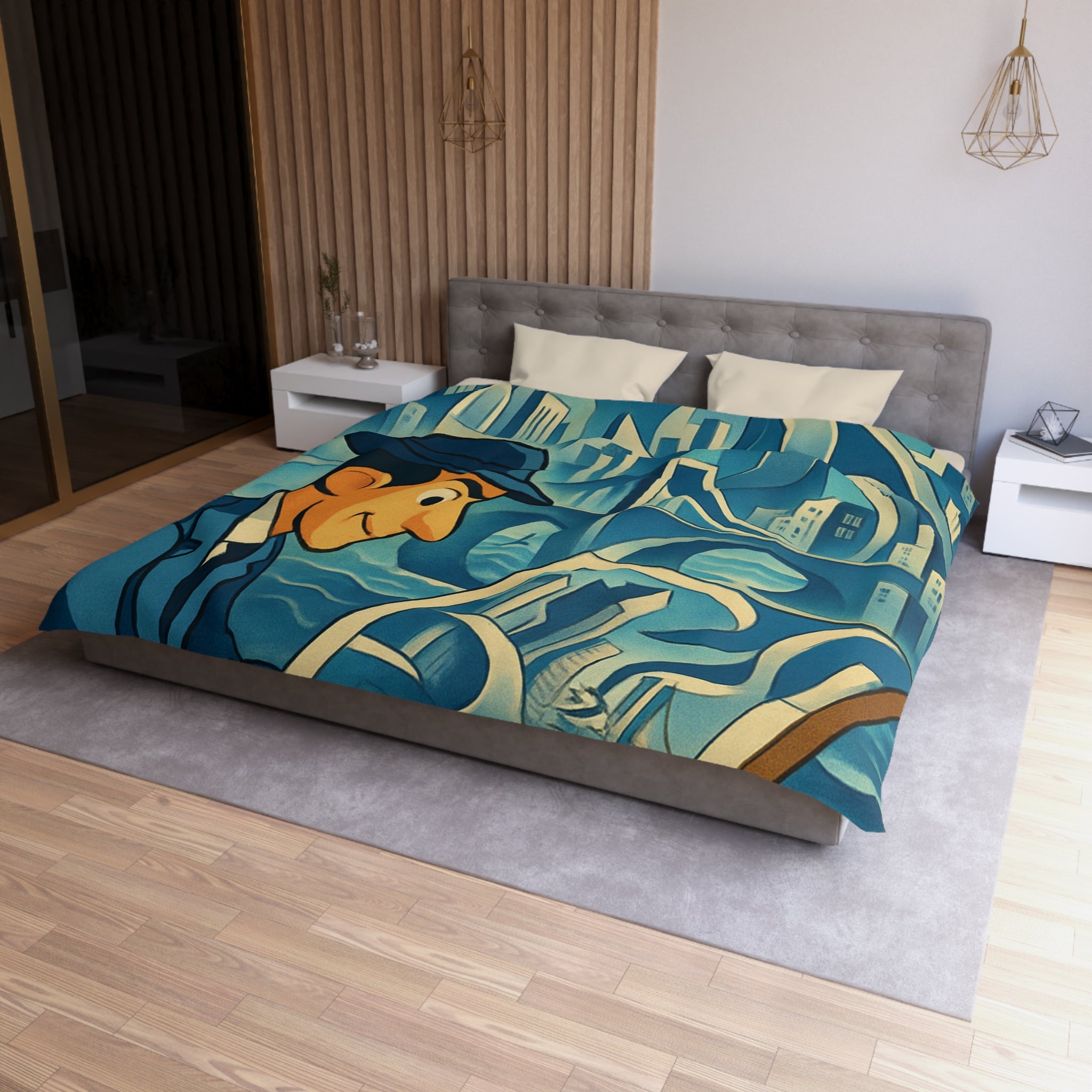 Motifs artistiques urbains bleus et jaunes pour une housse de couette moderne et stylée