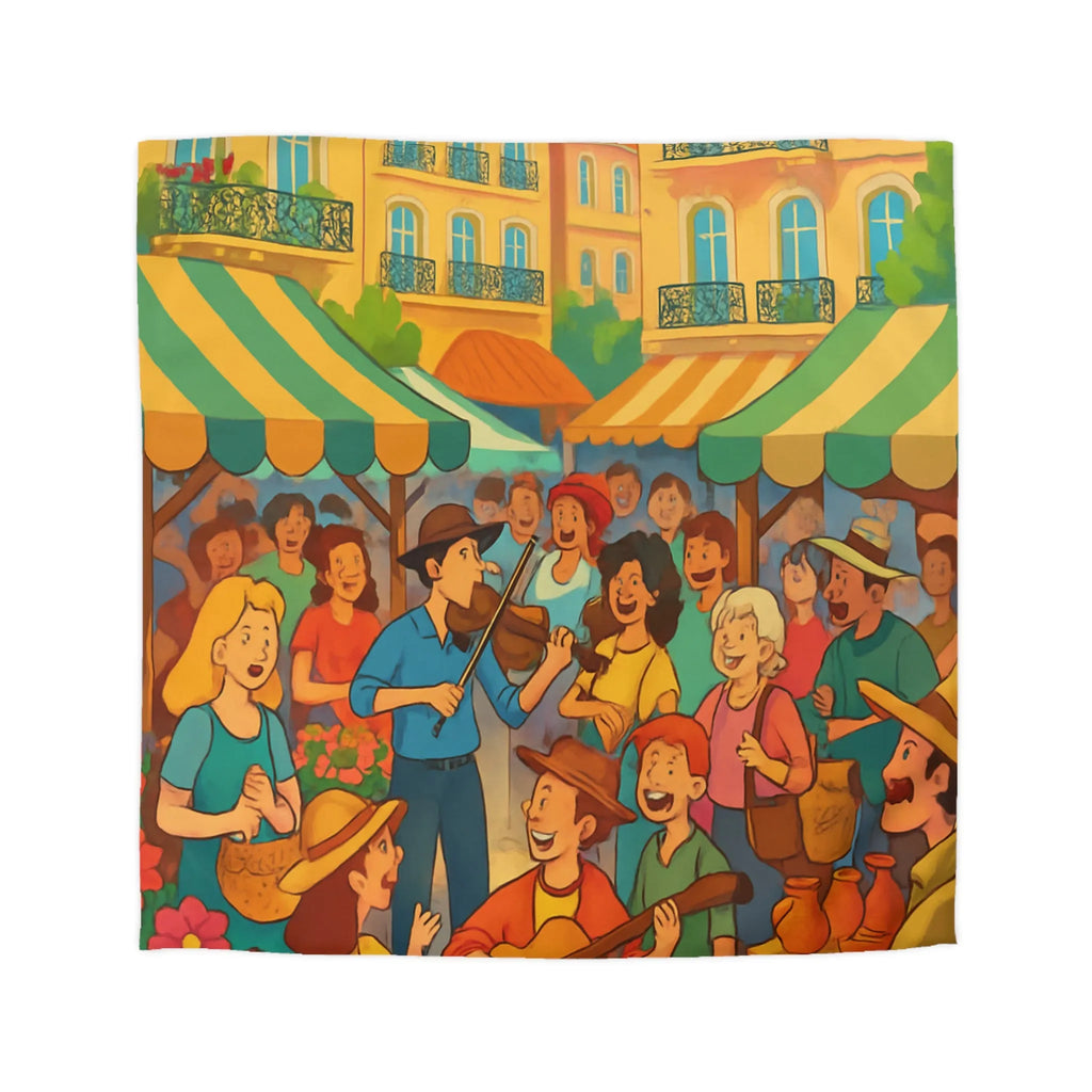 Housse de couette colorée avec scène de marché animé et ambiance joyeuse en plein air