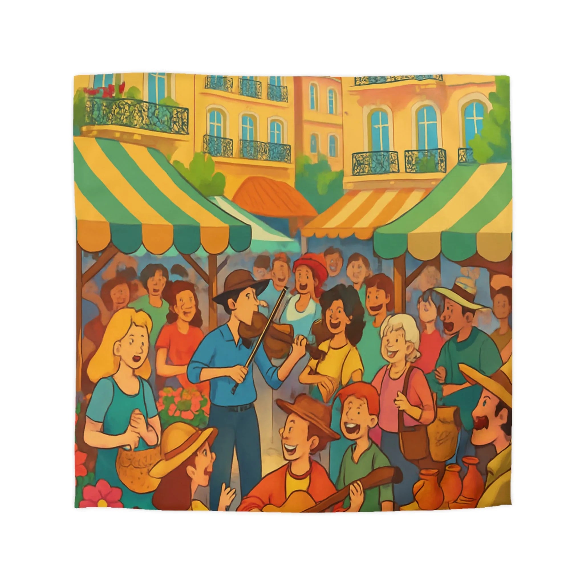 Housse de couette colorée avec scène de marché animé et ambiance joyeuse en plein air