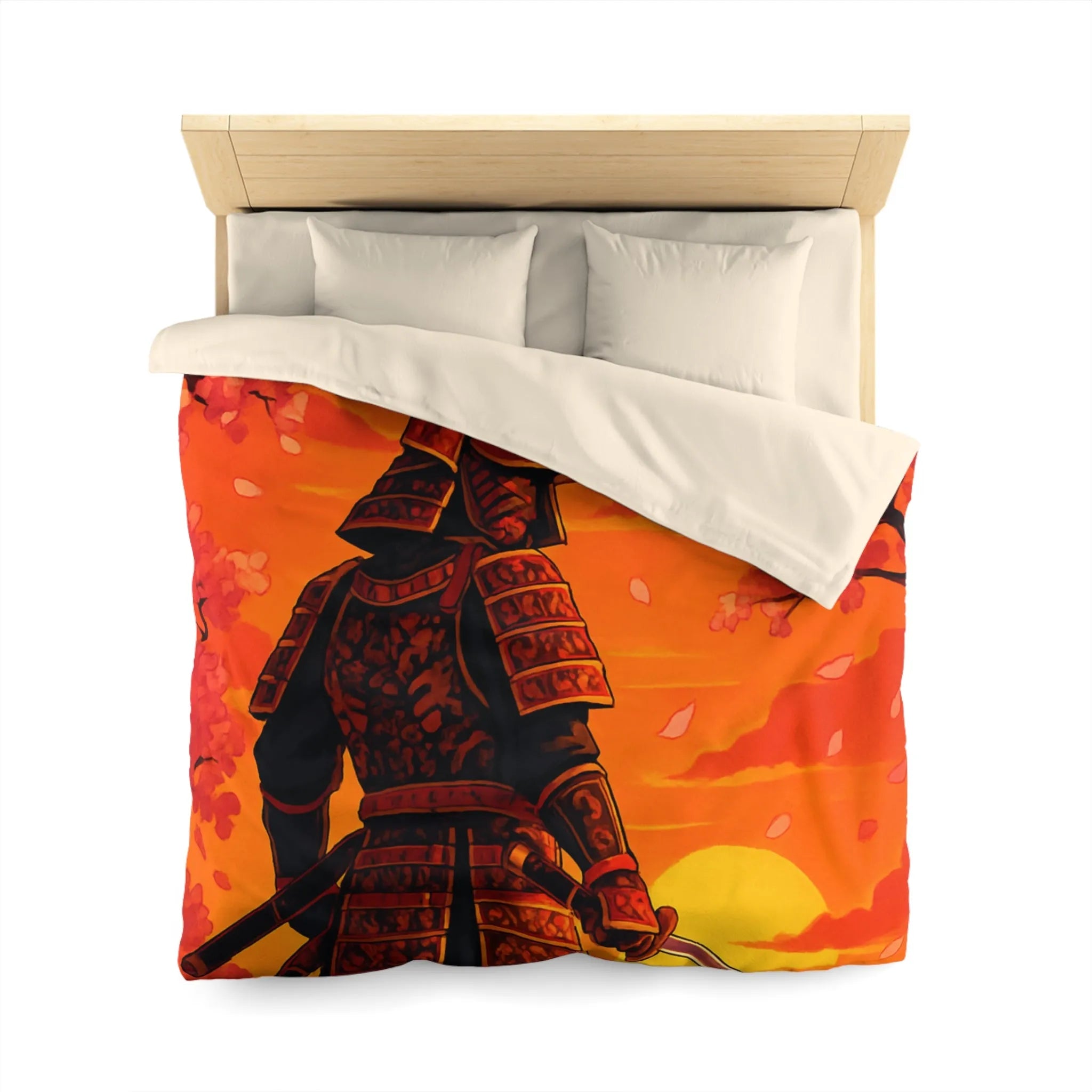 Housse de couette avec motif samouraï au coucher du soleil, arbres et fleurs roses