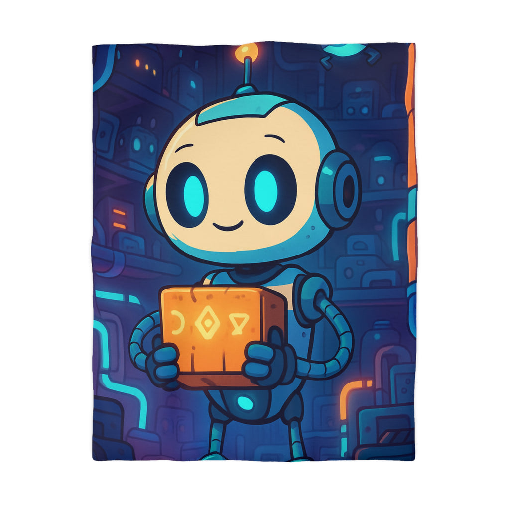 Housse de couette robot ludique bleu avec boîte mystérieuse ambiance futuriste enfantine