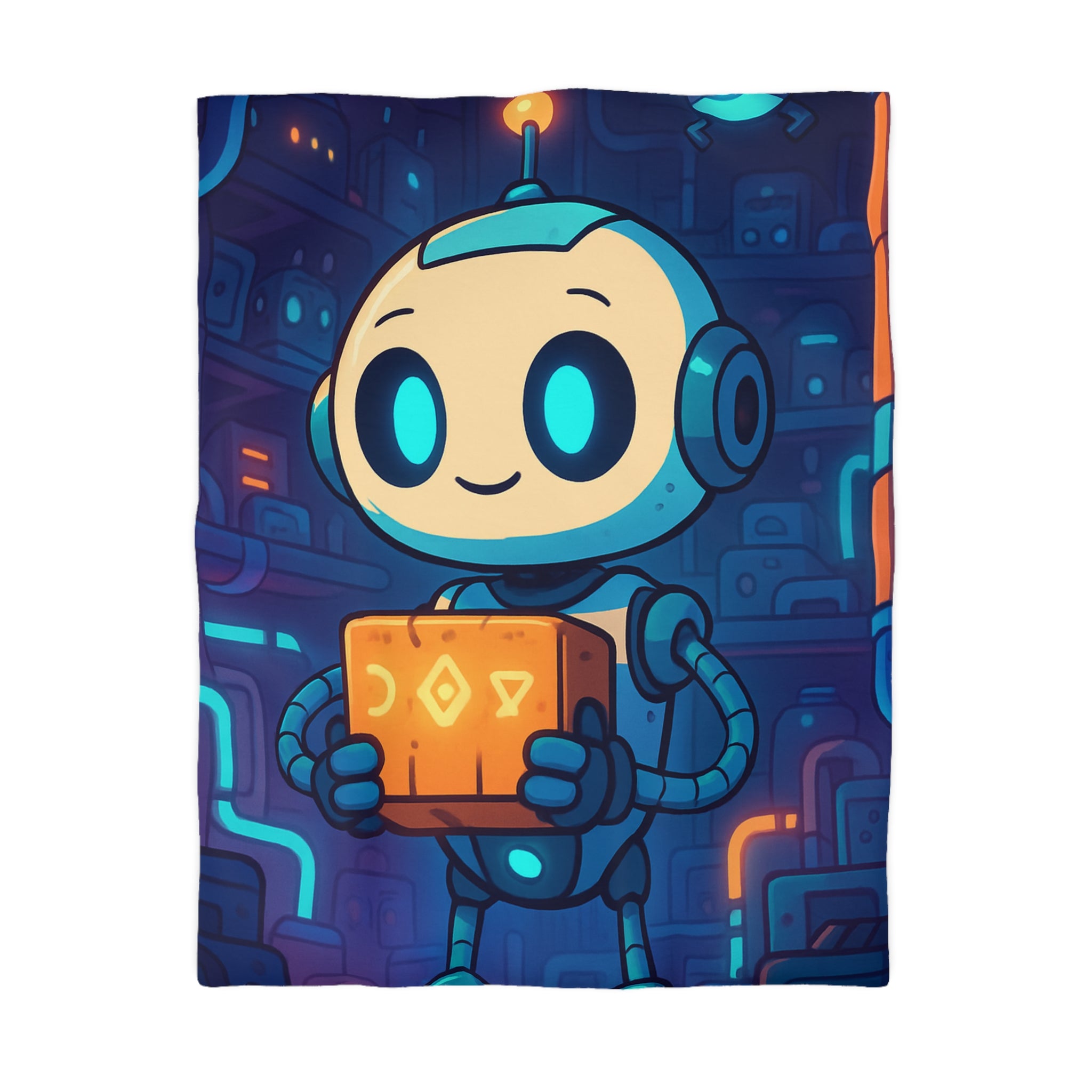 Housse de couette robot ludique bleu avec boîte mystérieuse ambiance futuriste enfantine