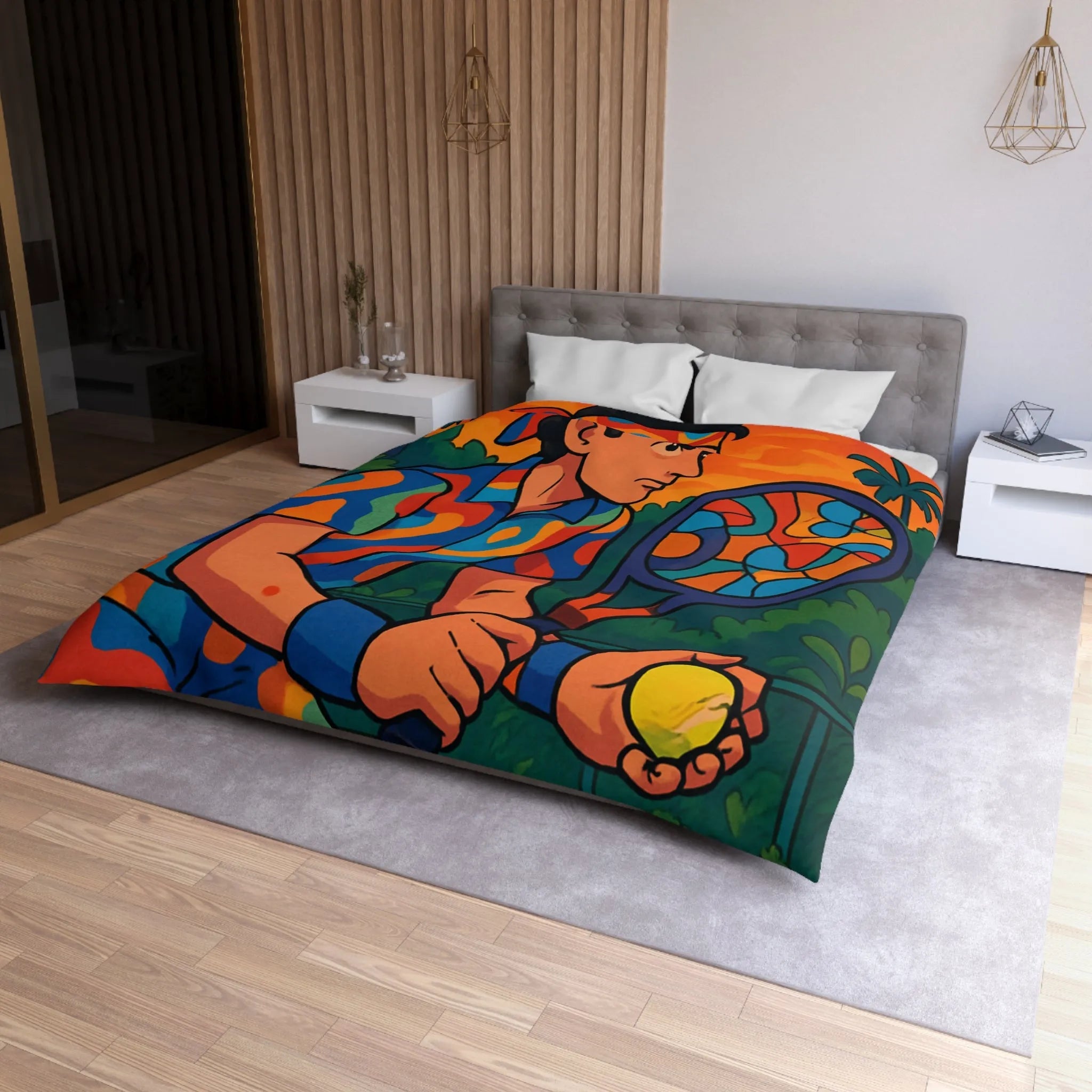 Housse de Couette Colorée Tennis Design Vibrant avec Joueur en Action et Palmiers