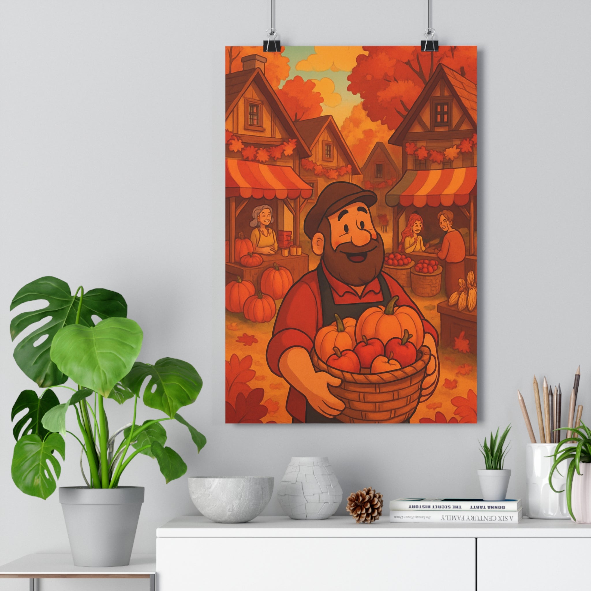 Poster décoratif automne mystique village joyeux cartoon chaleureux orange doré salon chambre tendance qualité