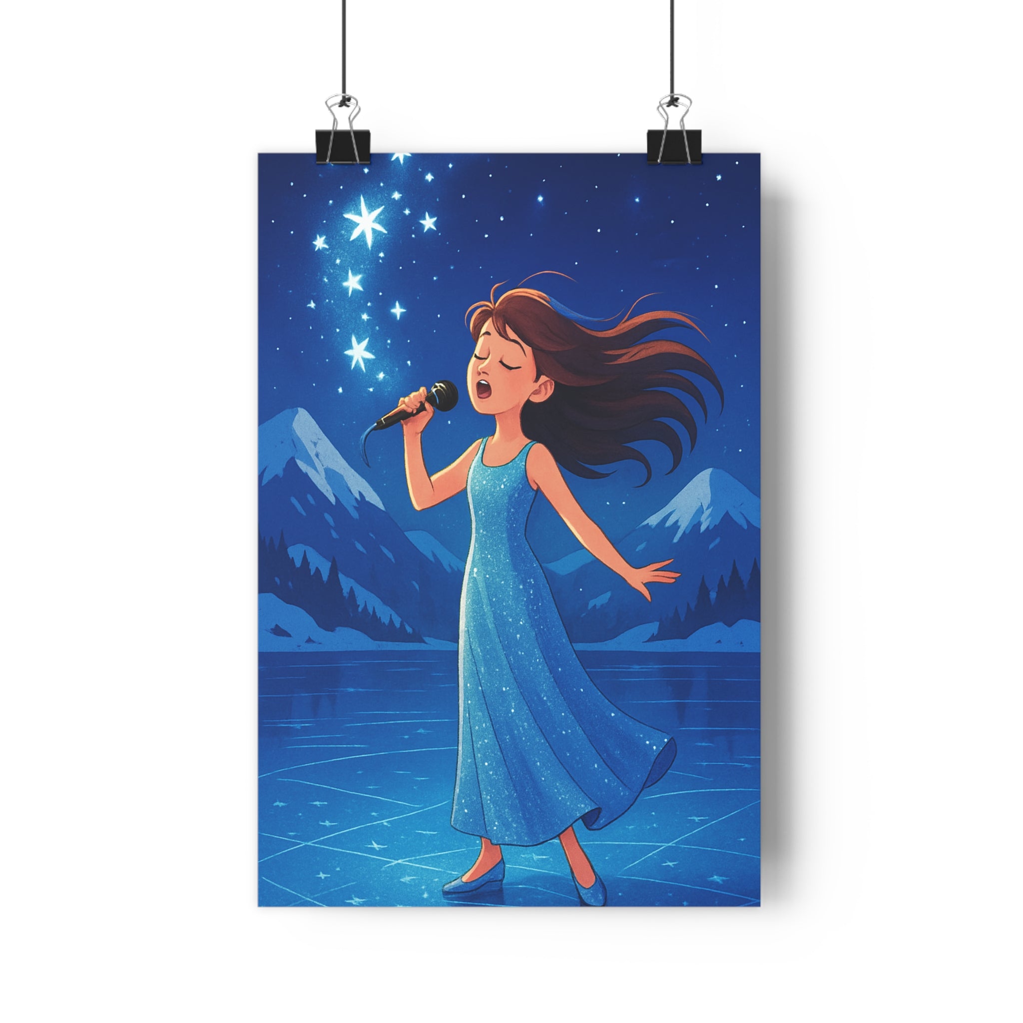 Poster décoratif bleu scintillant ambiance féerique chambre enfant moderne 30x46 montagne étoilé hiver poétique