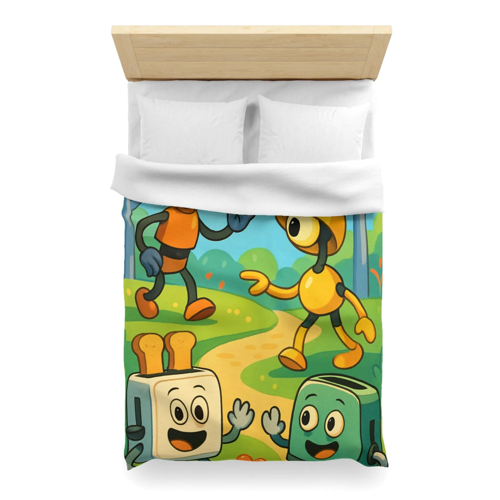 Housse de couette colorée avec robots joyeux et paysage forestier graphique