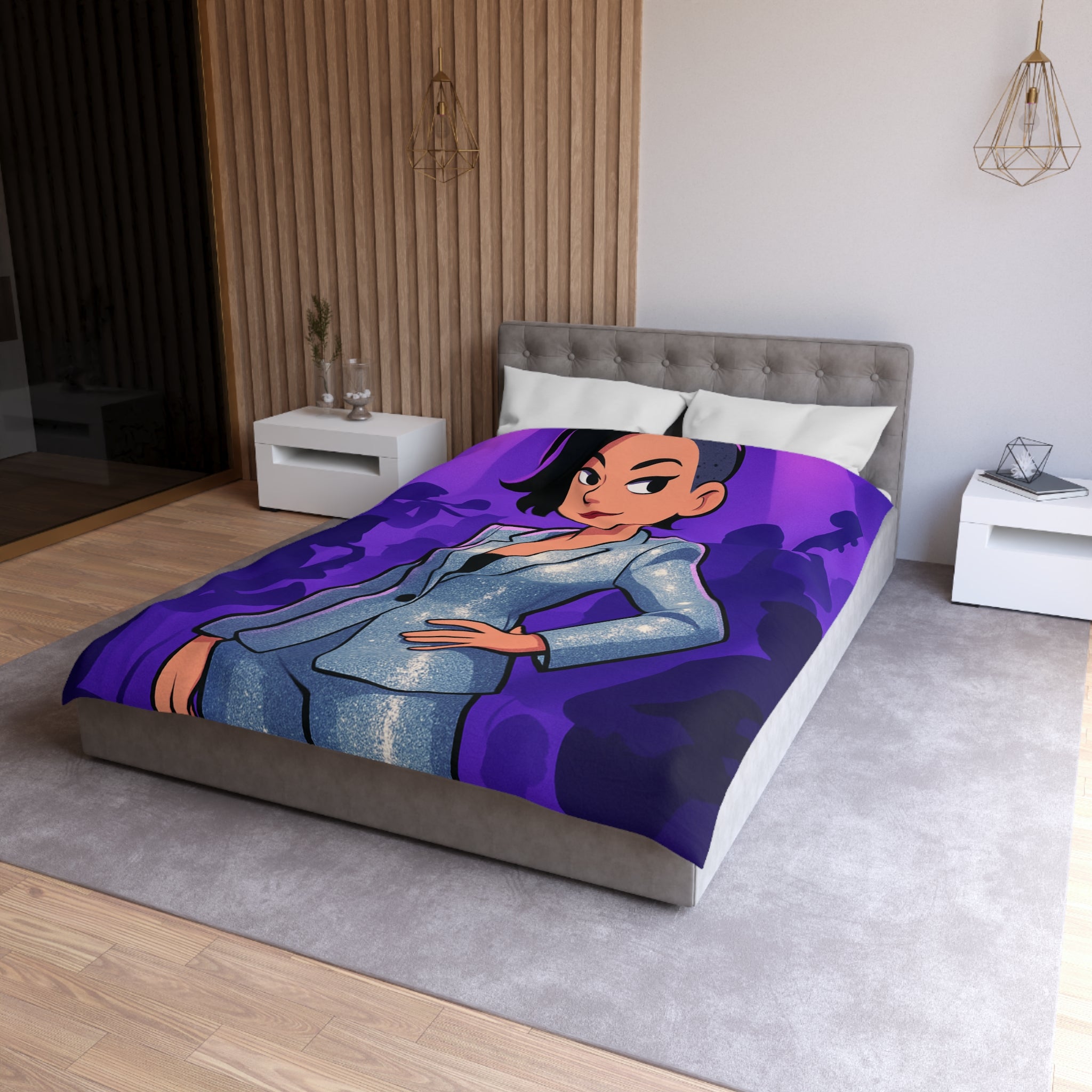 Housse de Couette Moderne avec Motif de Musicienne en Lumière Scintillante