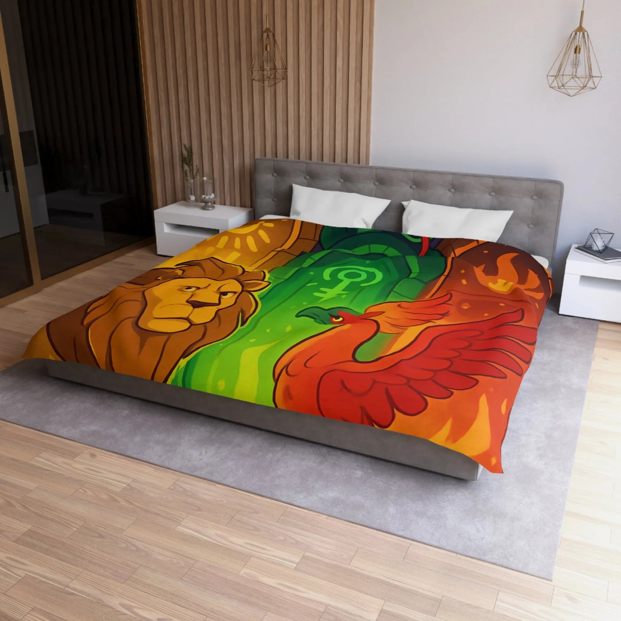 Housse de couette avec motifs lion, serpent et phénix sur fond médiéval magique