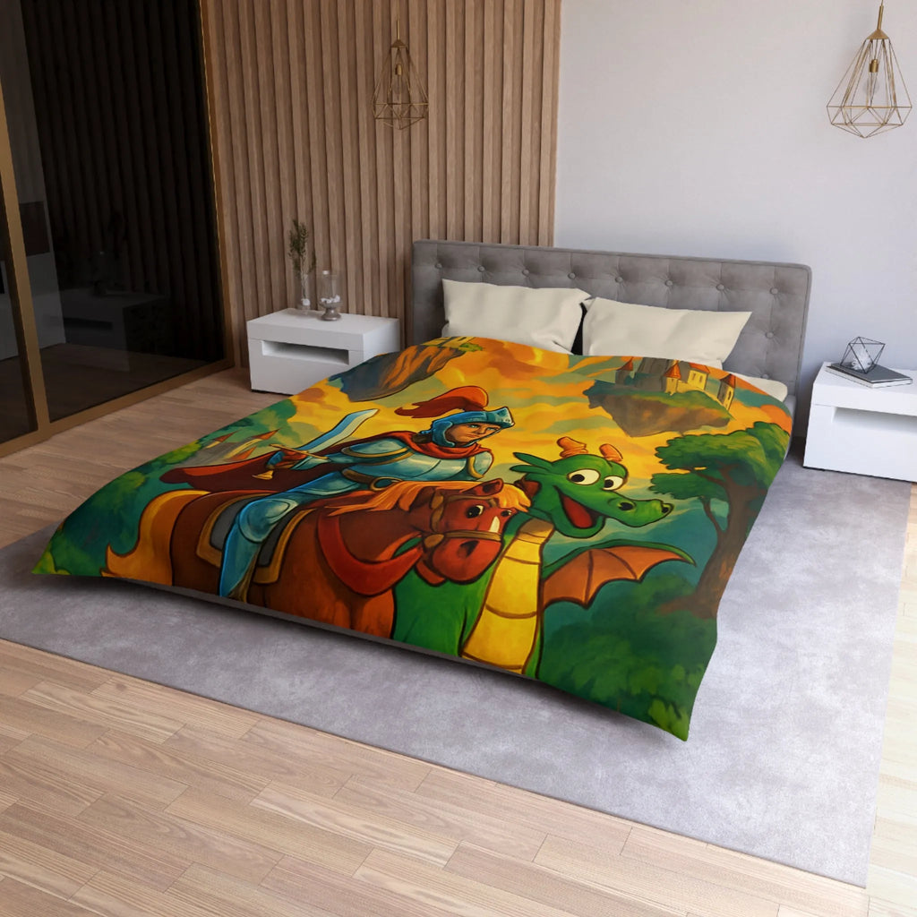 Housse de couette médiévale colorée avec chevalier, dragon et châteaux flottants fantastiques