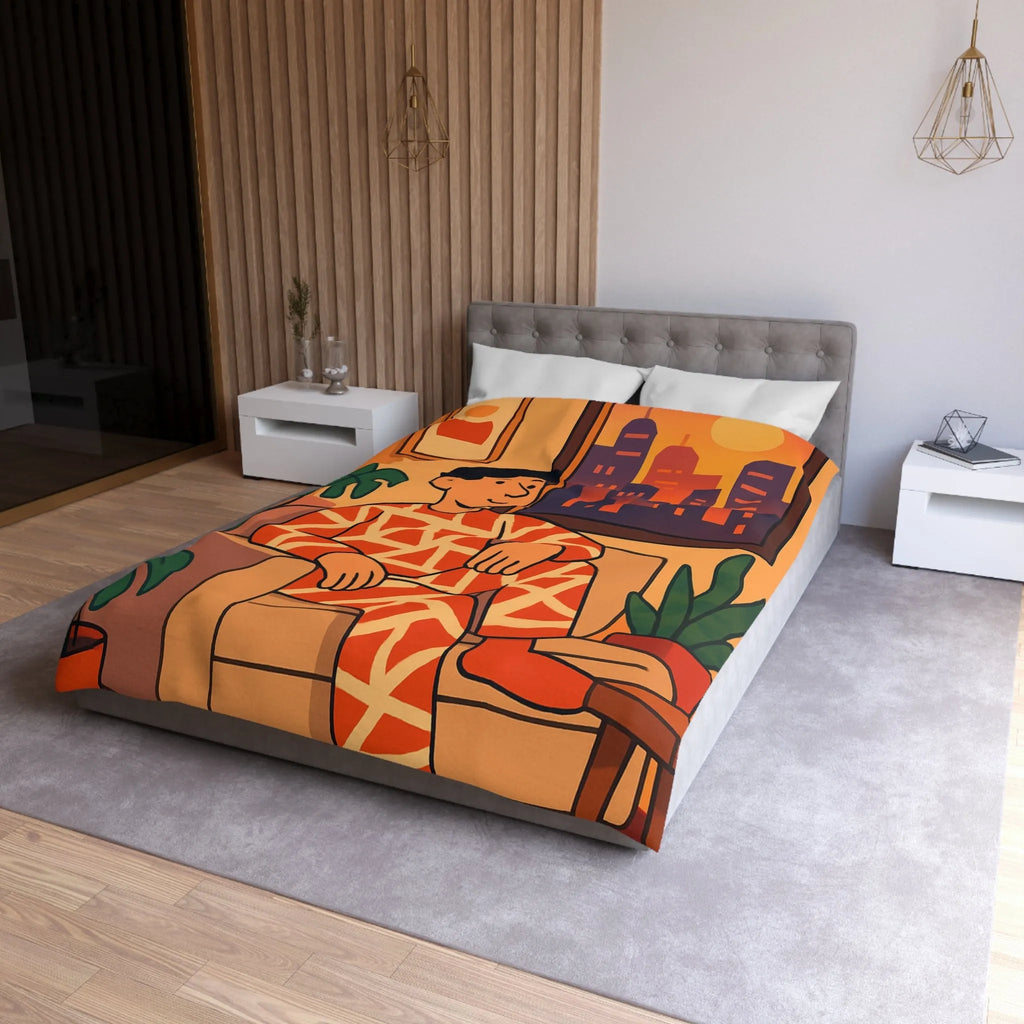 Housse de couette aux motifs géométriques avec scène de coucher de soleil en ville