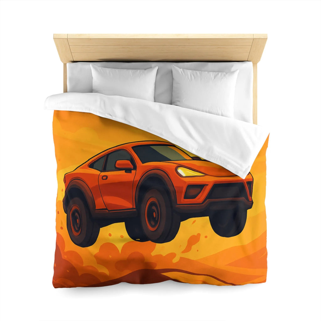Housse de couette design voiture saut désert couleur orange coucher de soleil