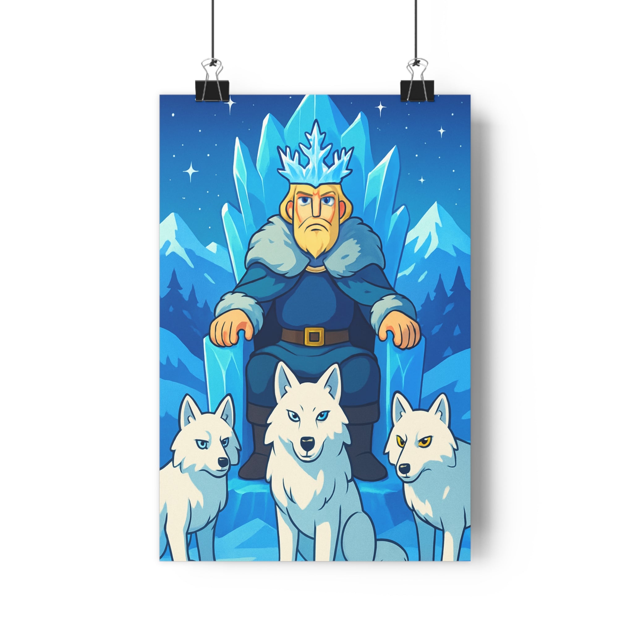 Poster décoratif cartoon pastel hivernal féerique salon chambre montagne aventure personnage trône glace loups