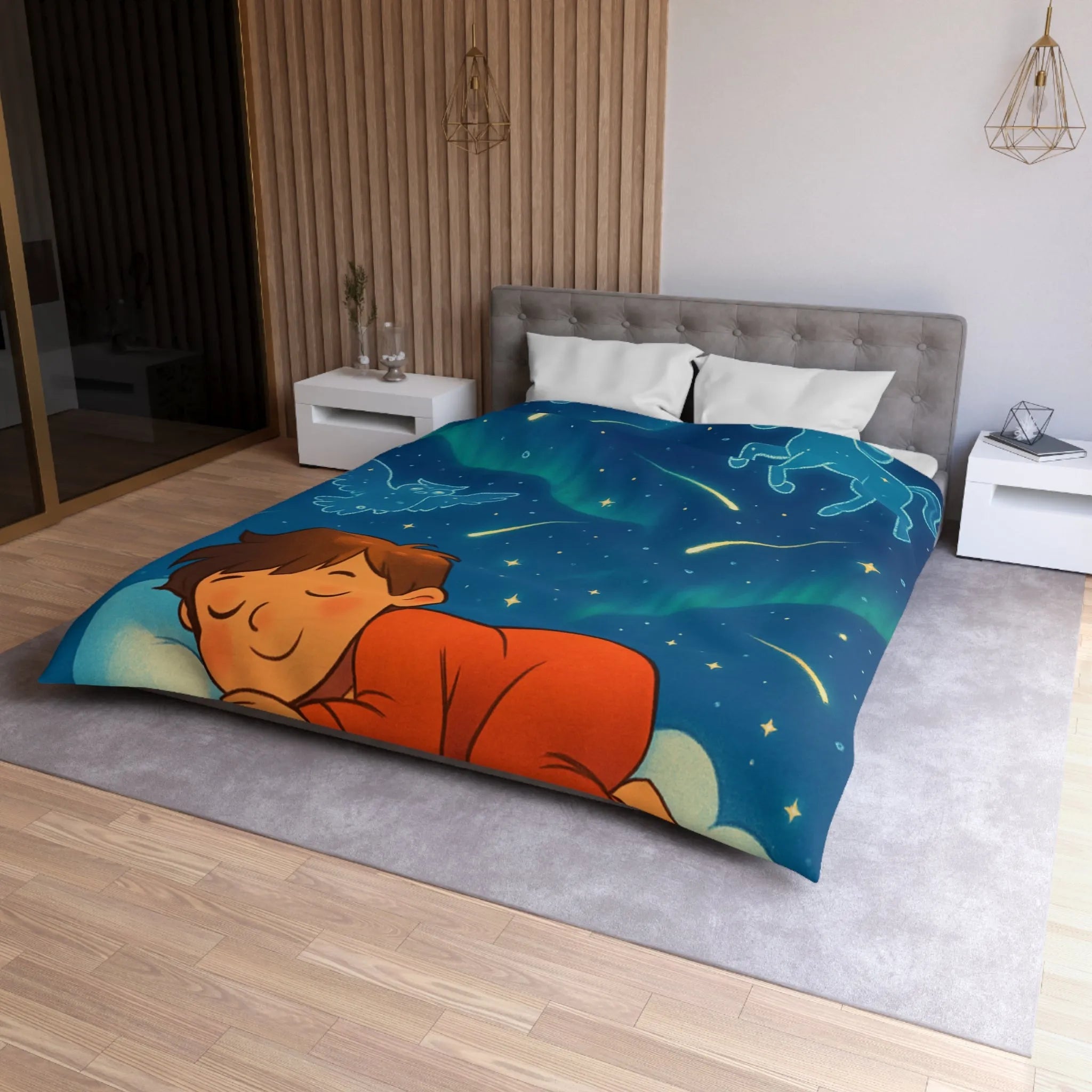 Housse de couette enfant étoilée avec animaux et motifs célestes colorés