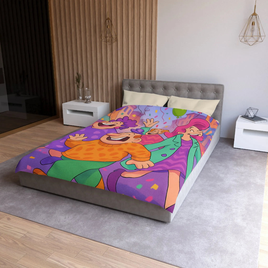 Housse de couette joyeuse avec personnages et ballons pour décoration festive chambre