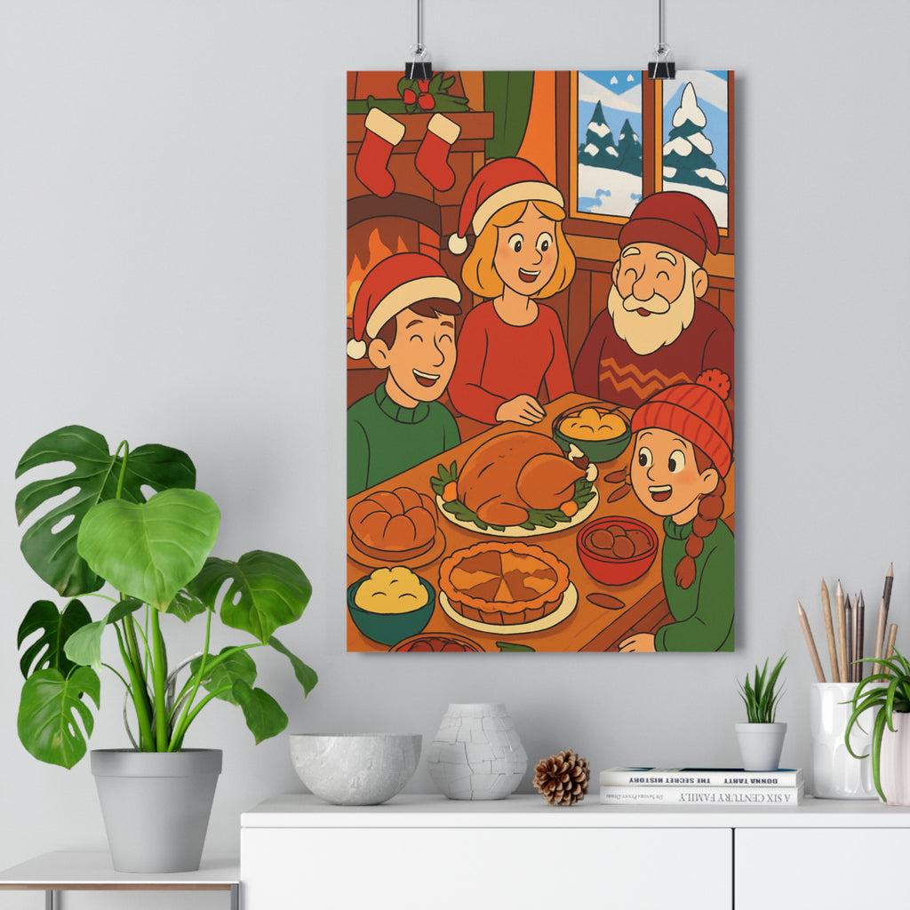 Poster décoratif cartoon chaleureux hiver festif rouge blanc cheminée salon cuisine famille paysage qualité