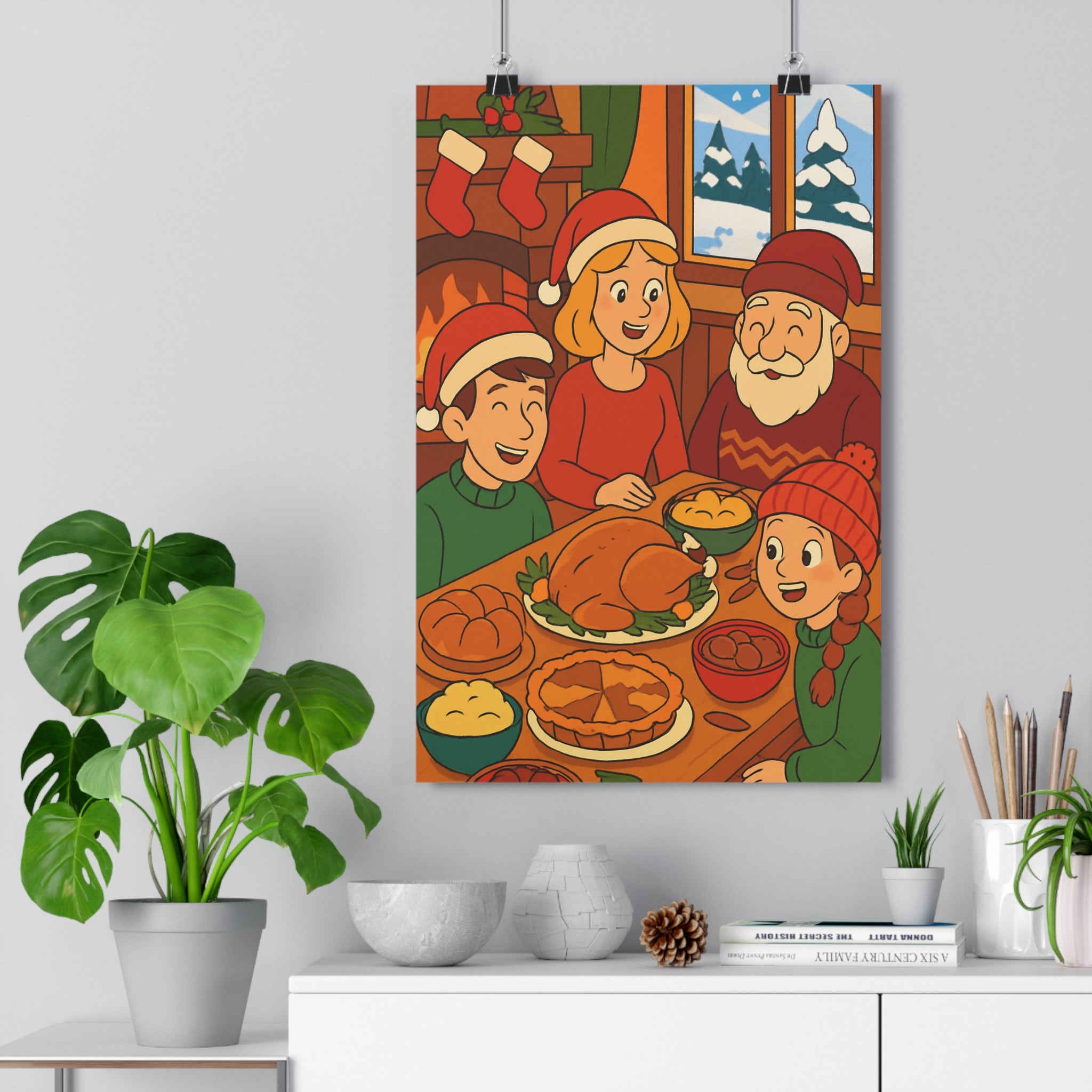 Poster décoratif cartoon chaleureux hiver festif rouge blanc cheminée salon cuisine famille paysage qualité