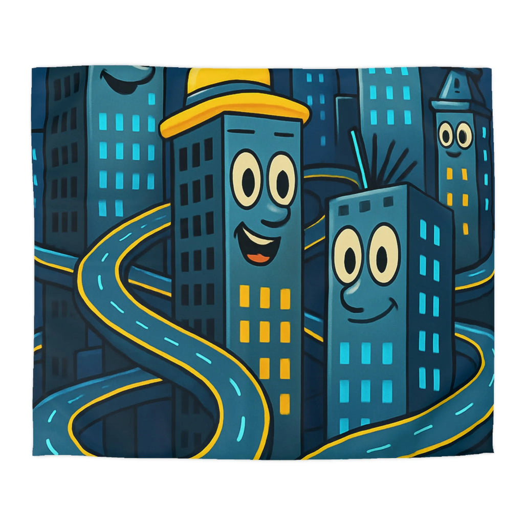 Housse de couette créative avec immeubles souriants et routes sinueuses dessin animés