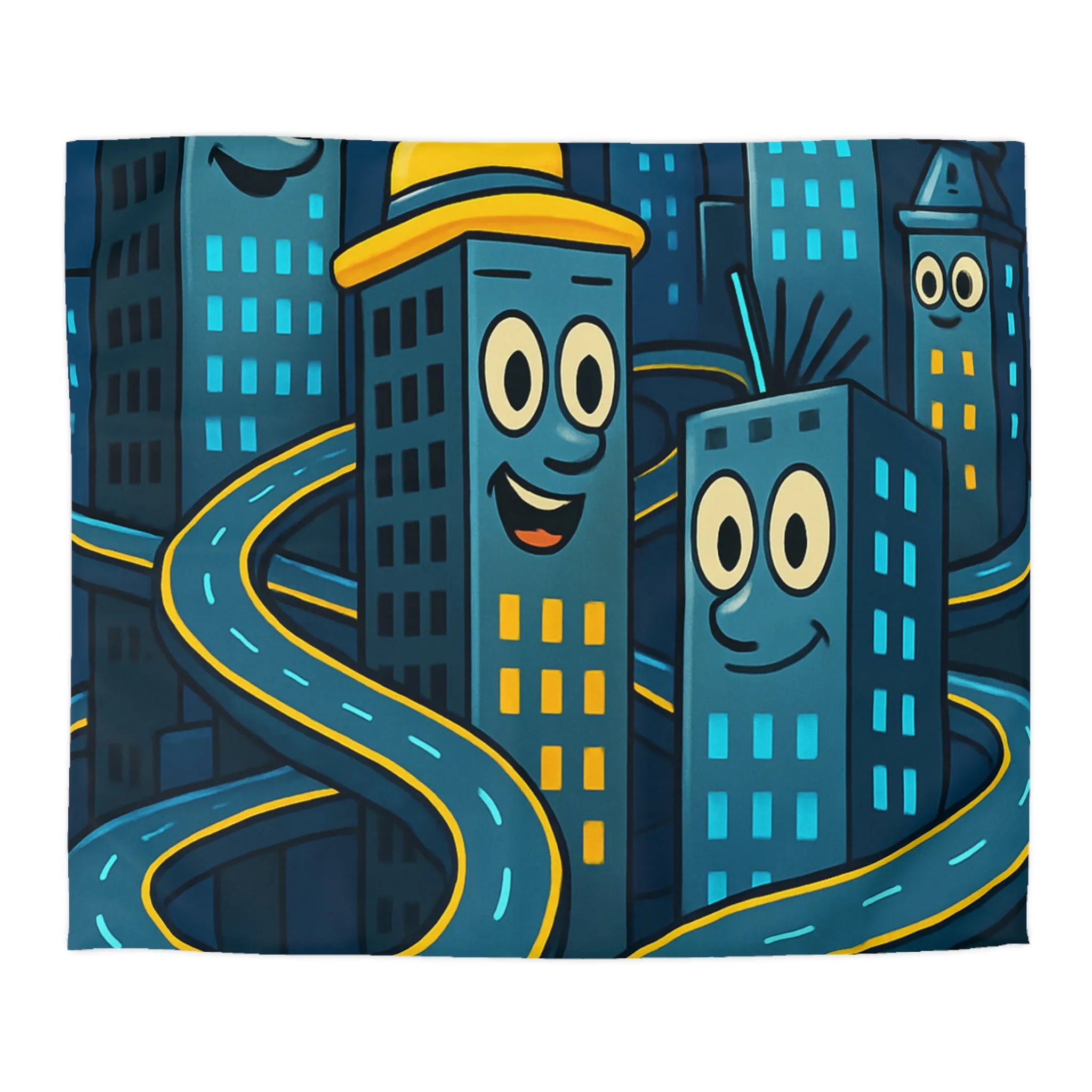 Housse de couette créative avec immeubles souriants et routes sinueuses dessin animés
