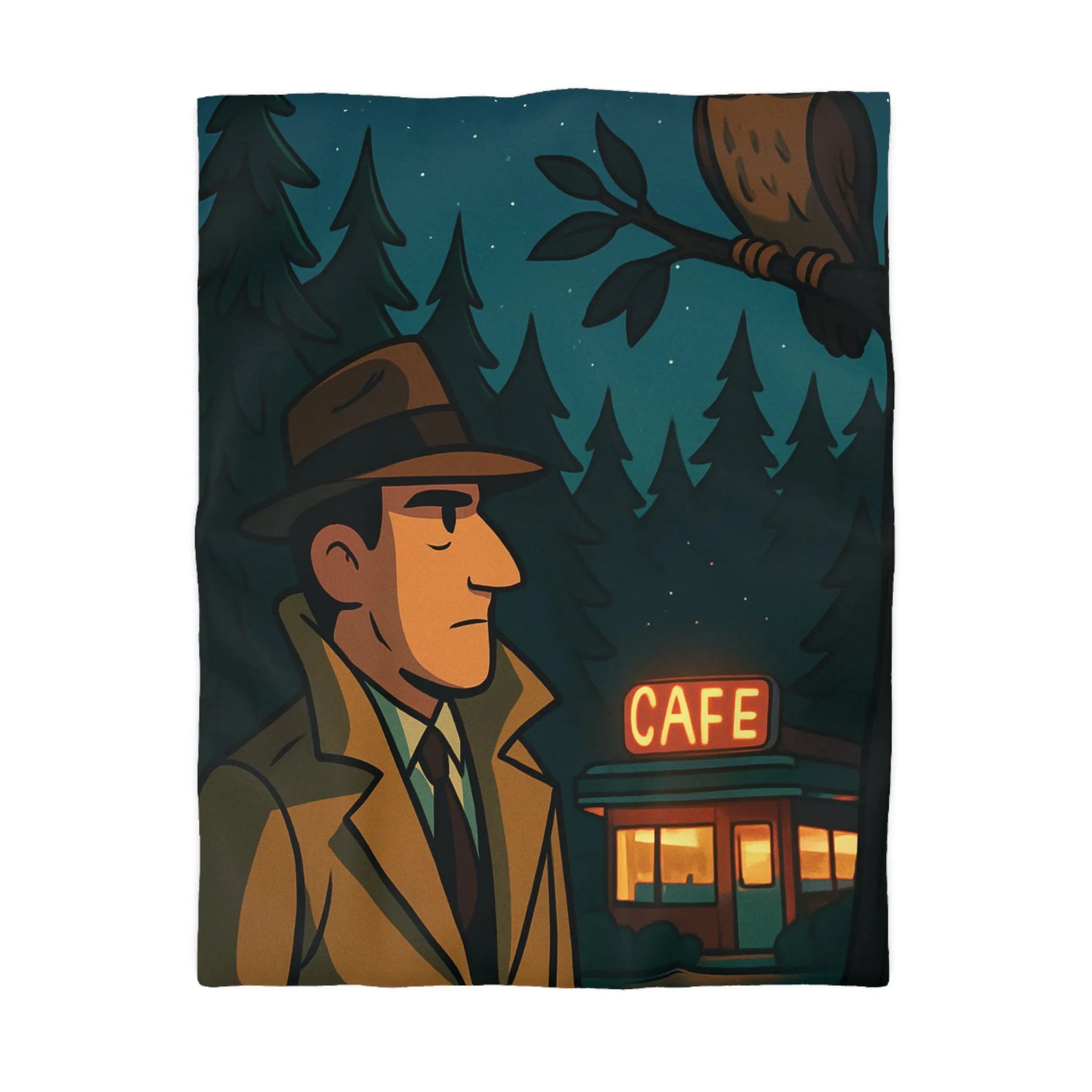 Housse de couette illustrée détective vintage, hibou mystérieux, forêt nocturne, café enchanteur