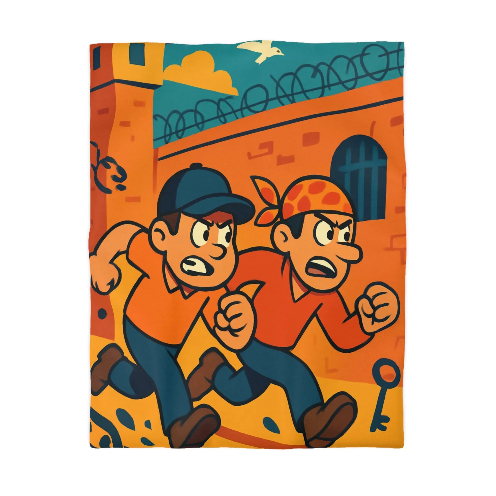 Housse de couette cartoon évasion prisonniers, ambiance aventure et couleurs vives captivantes