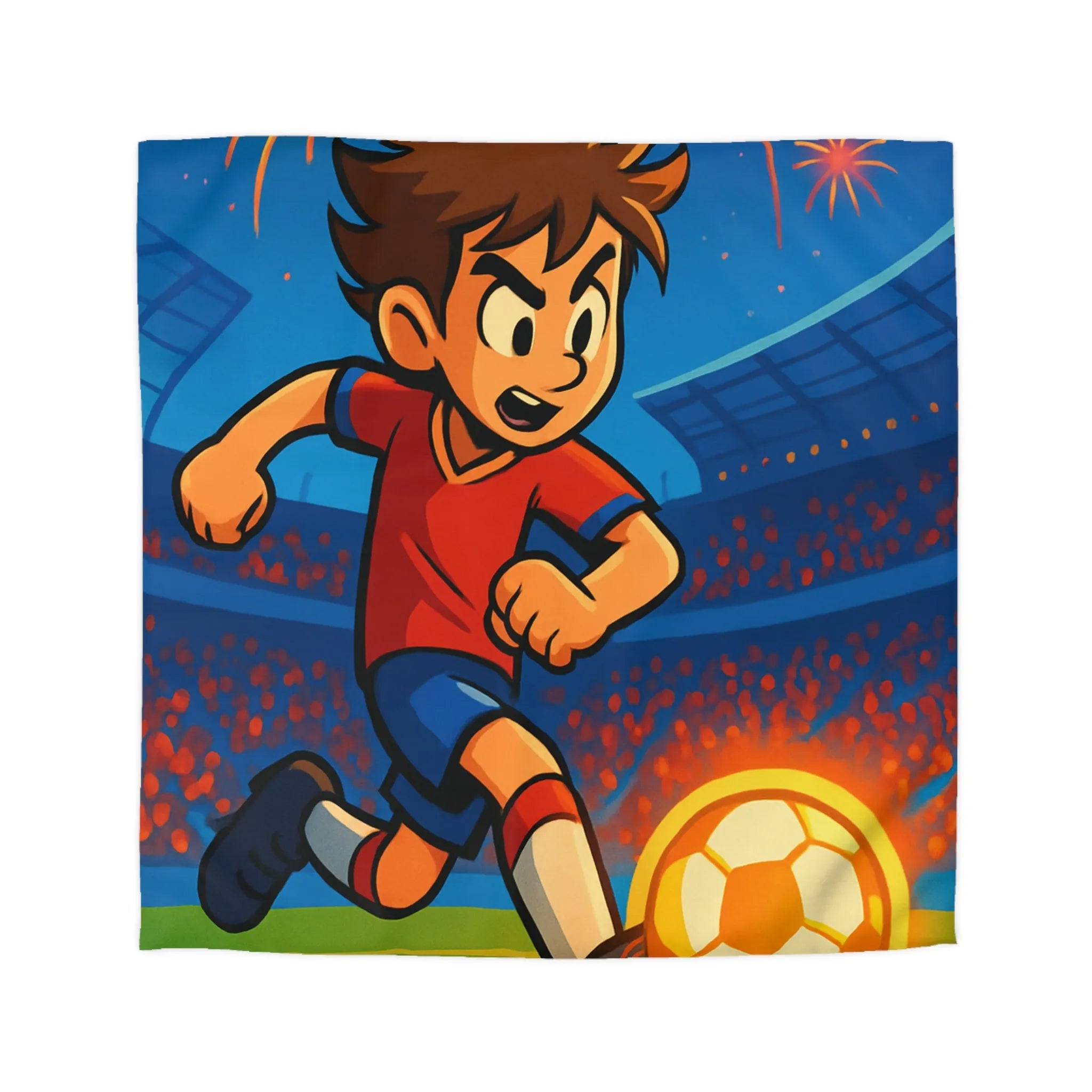 Housse de couette enfant, thème football, joueur dynamique, stade illuminé, feu d'artifice vibrant