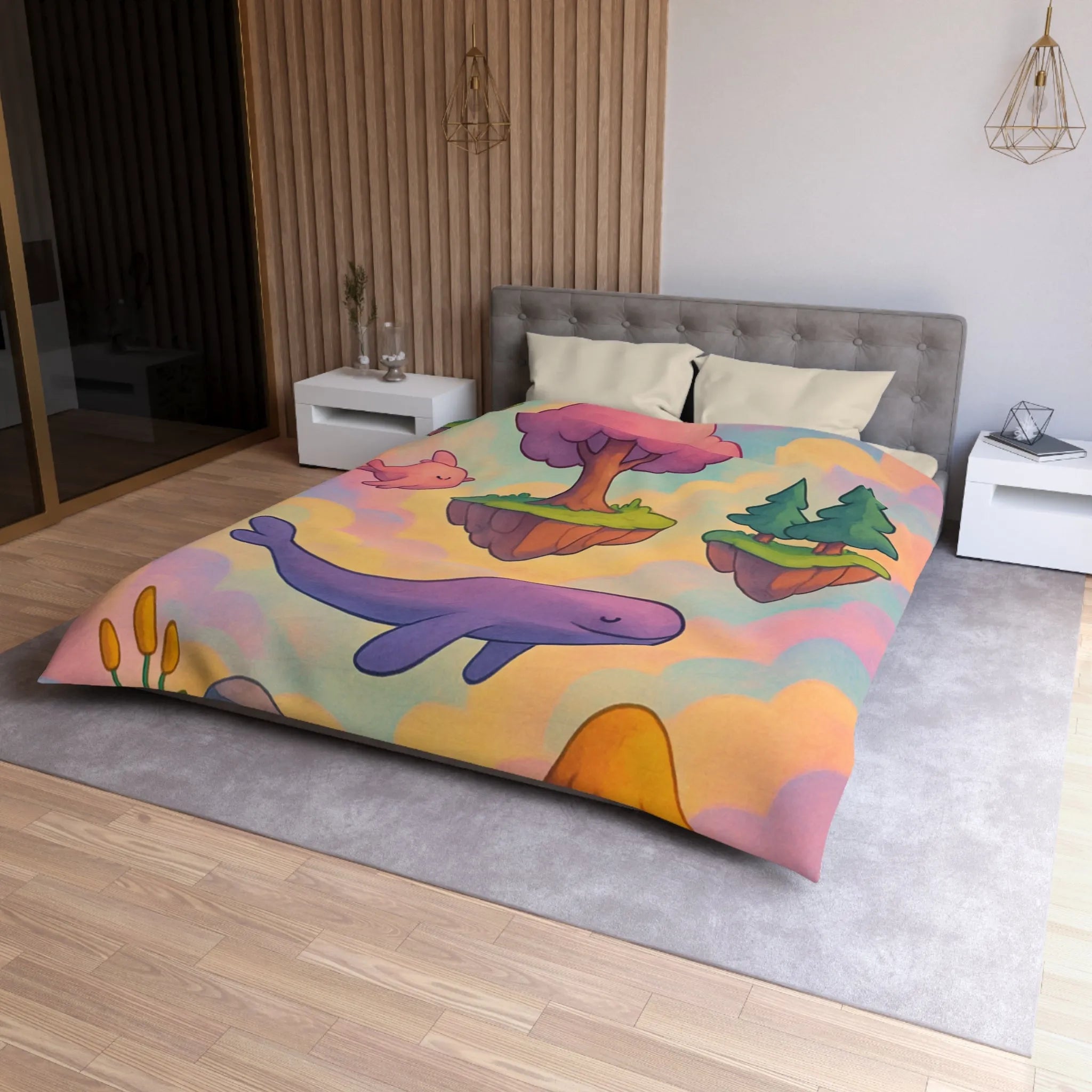 Housse de couette avec îles flottantes et créatures rêveuses dans un ciel magique