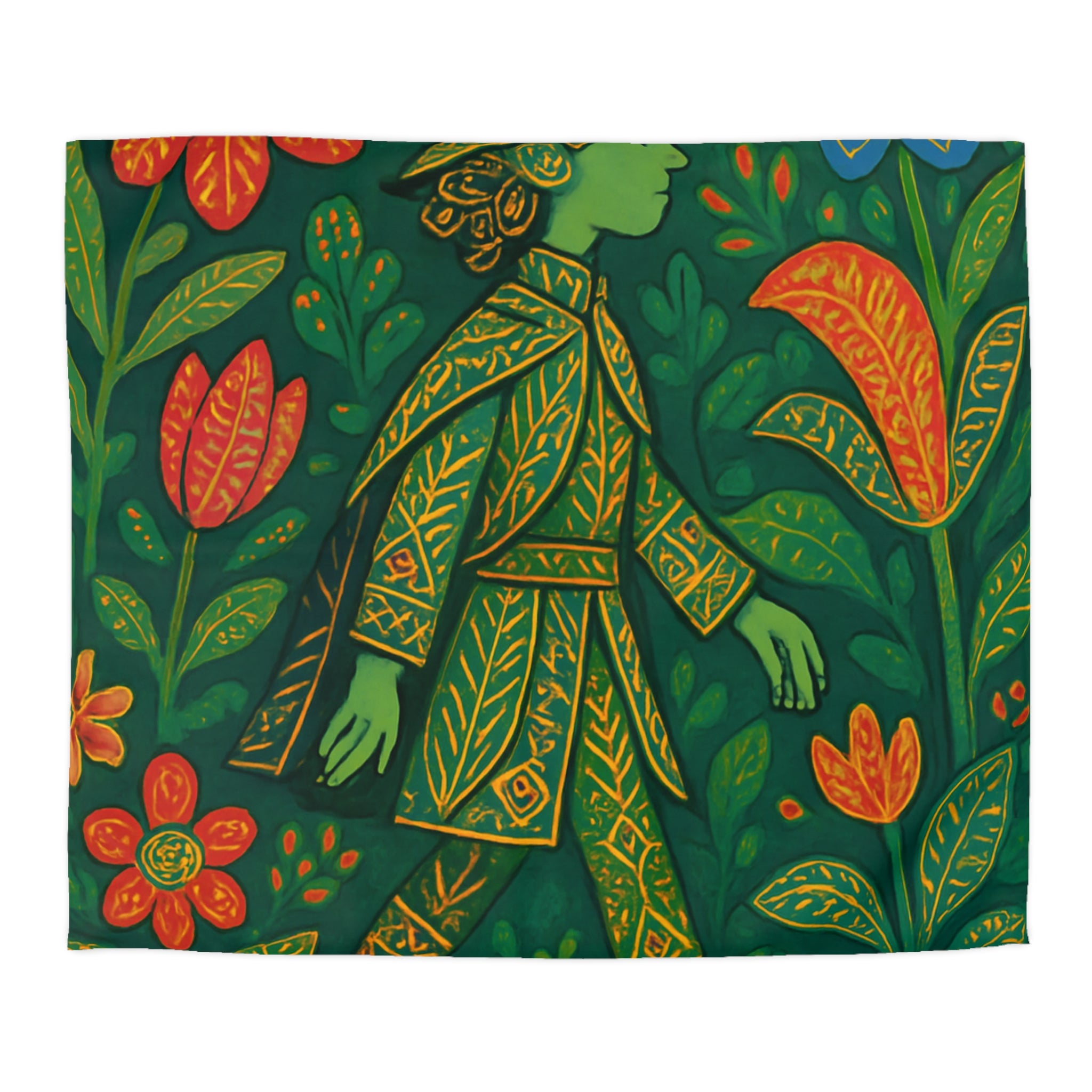 Housse de couette vibrante avec motif botanique et personnage en marche serein