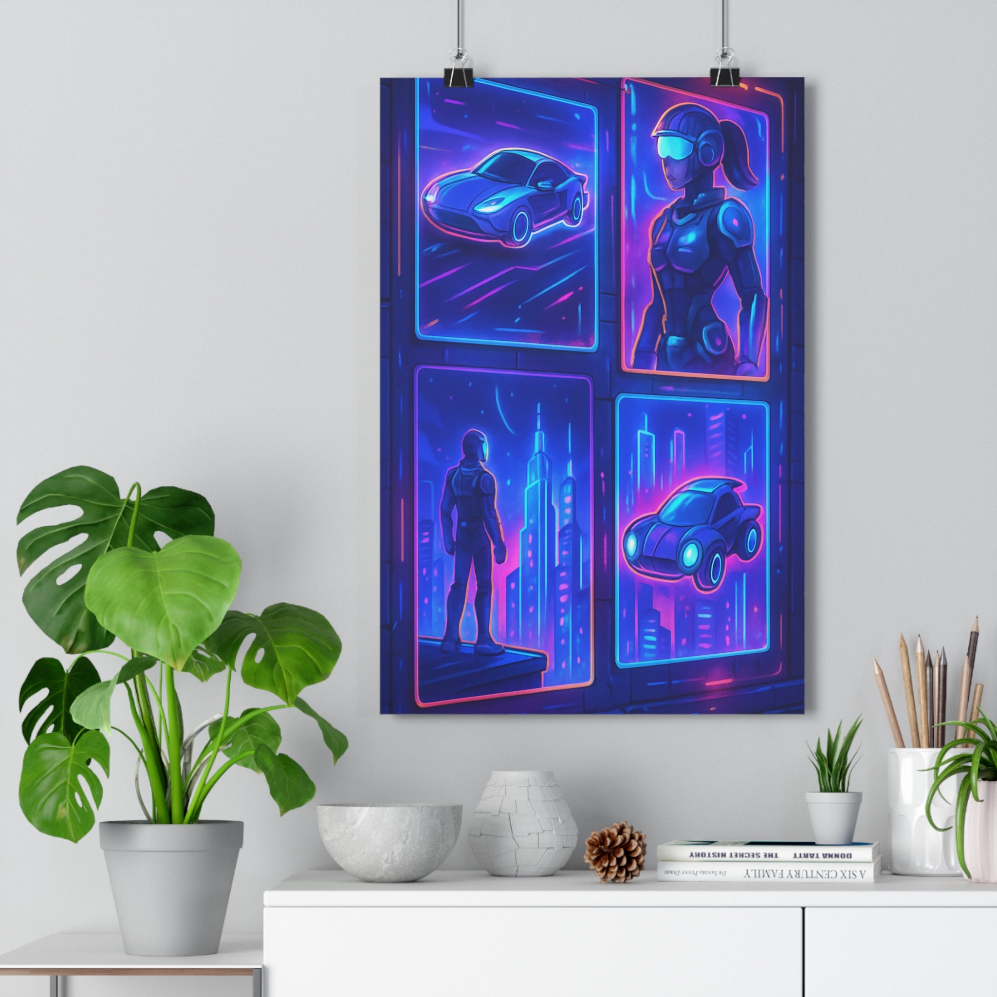 Poster décoratif futurisme imaginé cyberpunk bleu rose violet animé bureau moderne dynamique captivant 30x46