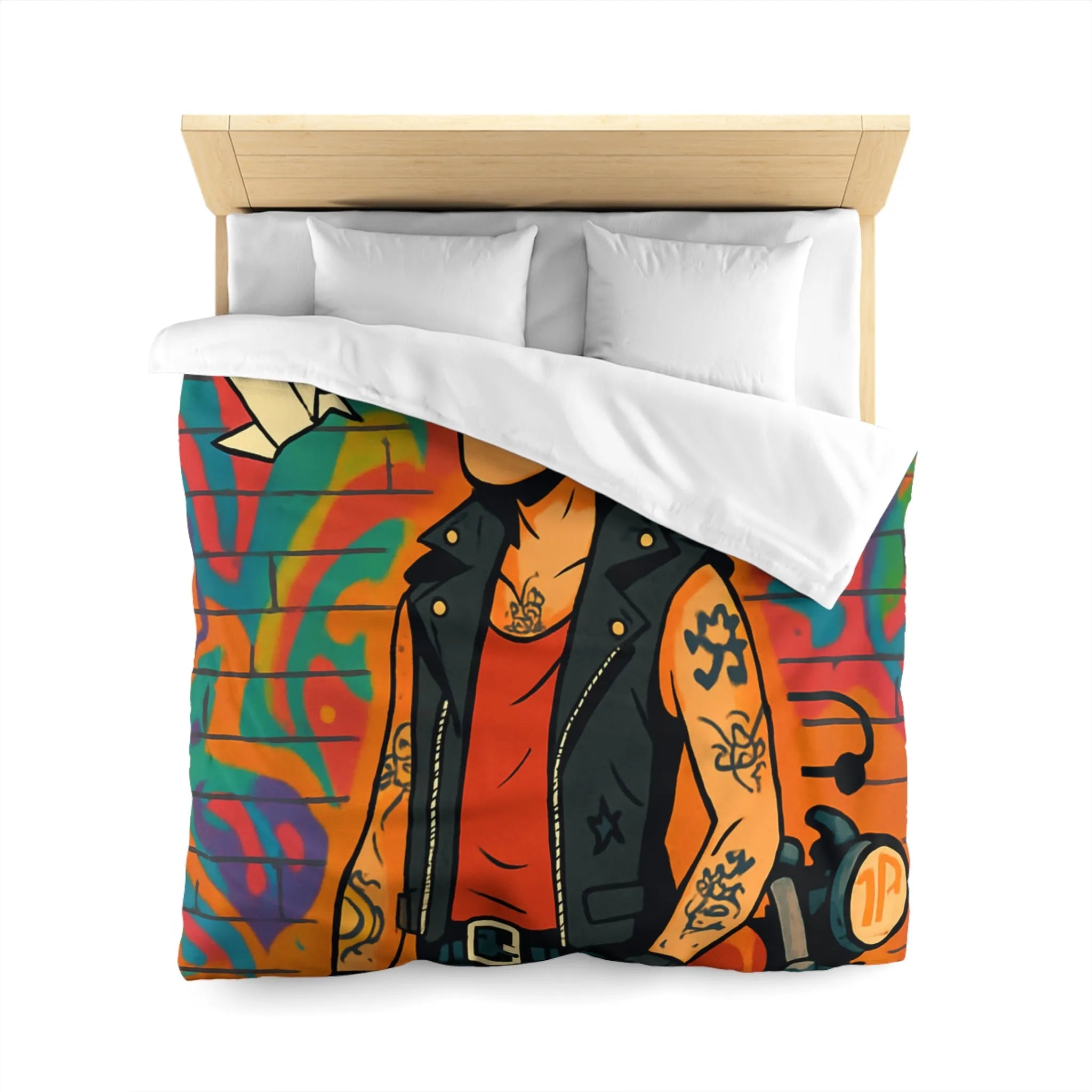 Housse de couette avec imprimé punk, moto et graffitis, ambiance urbaine colorée