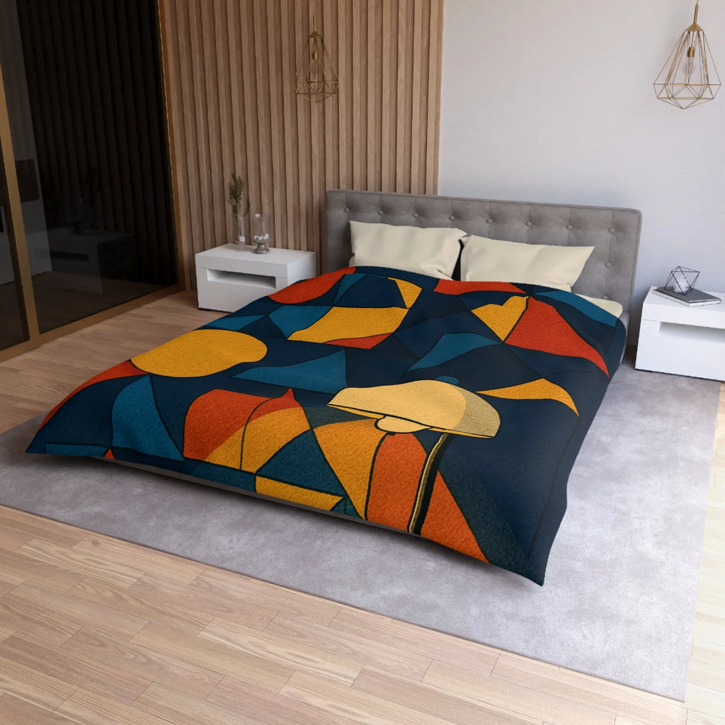 Housse de couette géométrique moderne multicolore avec motifs rétro et ambiance chaleureuse éclairée