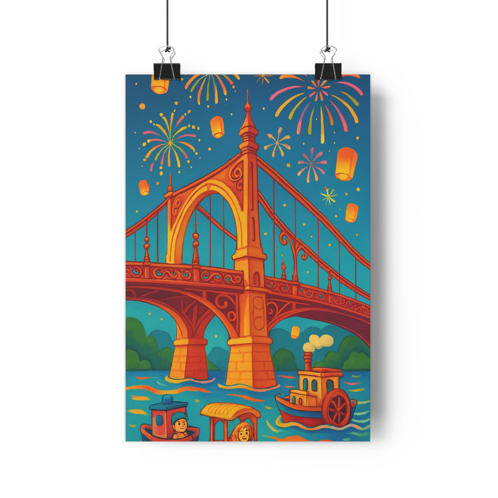 Poster décoratif lumineux cartoon orange bleu vert salon joyeux festif artistique ambiance rivière feux