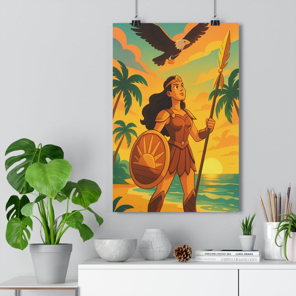 Poster décoratif héroïque guerrière doré aventure plage épique ciel chaud dessin animé chambre ambiance