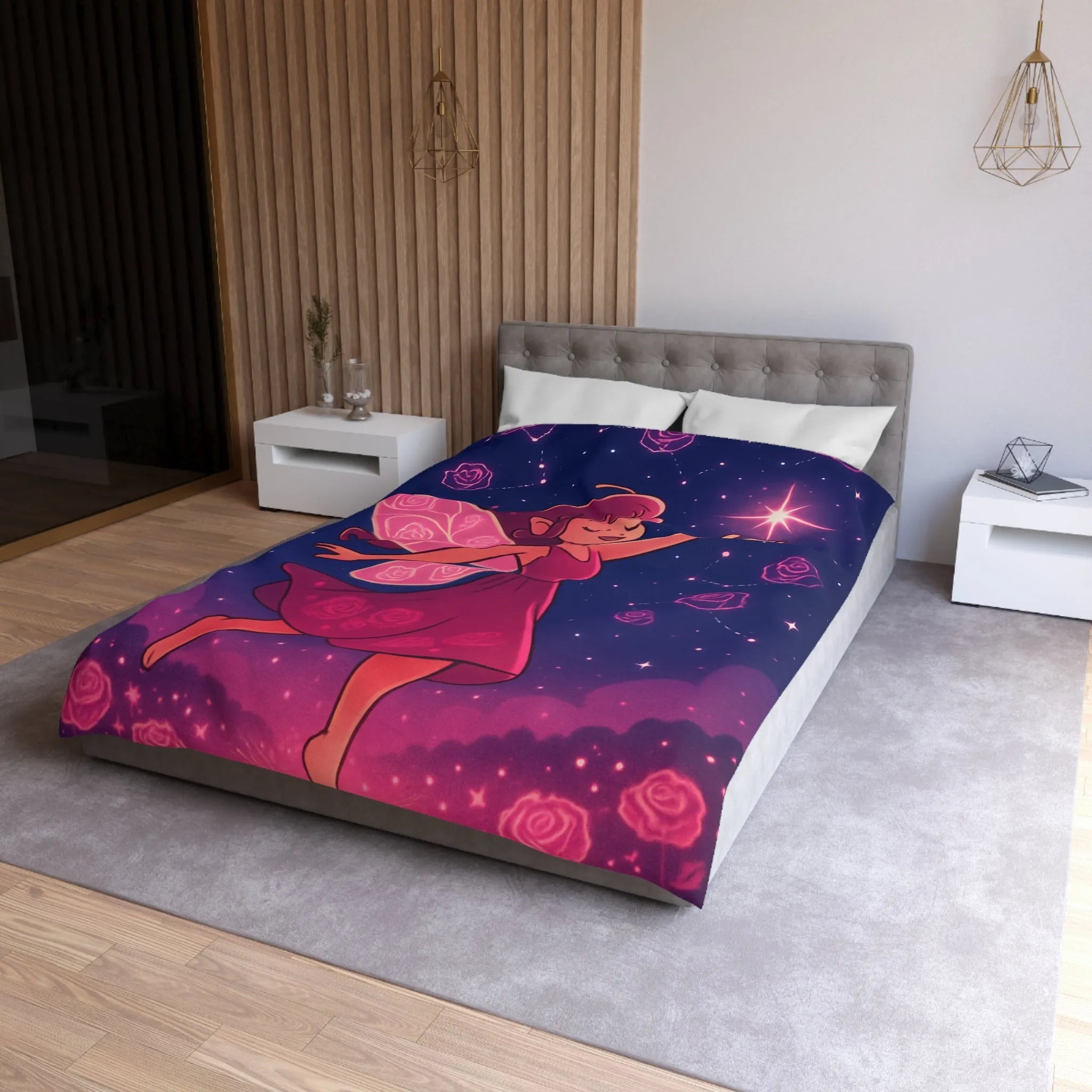 Enchanting Fairy with Wings and Glowing Roses under a Starry Night Sky