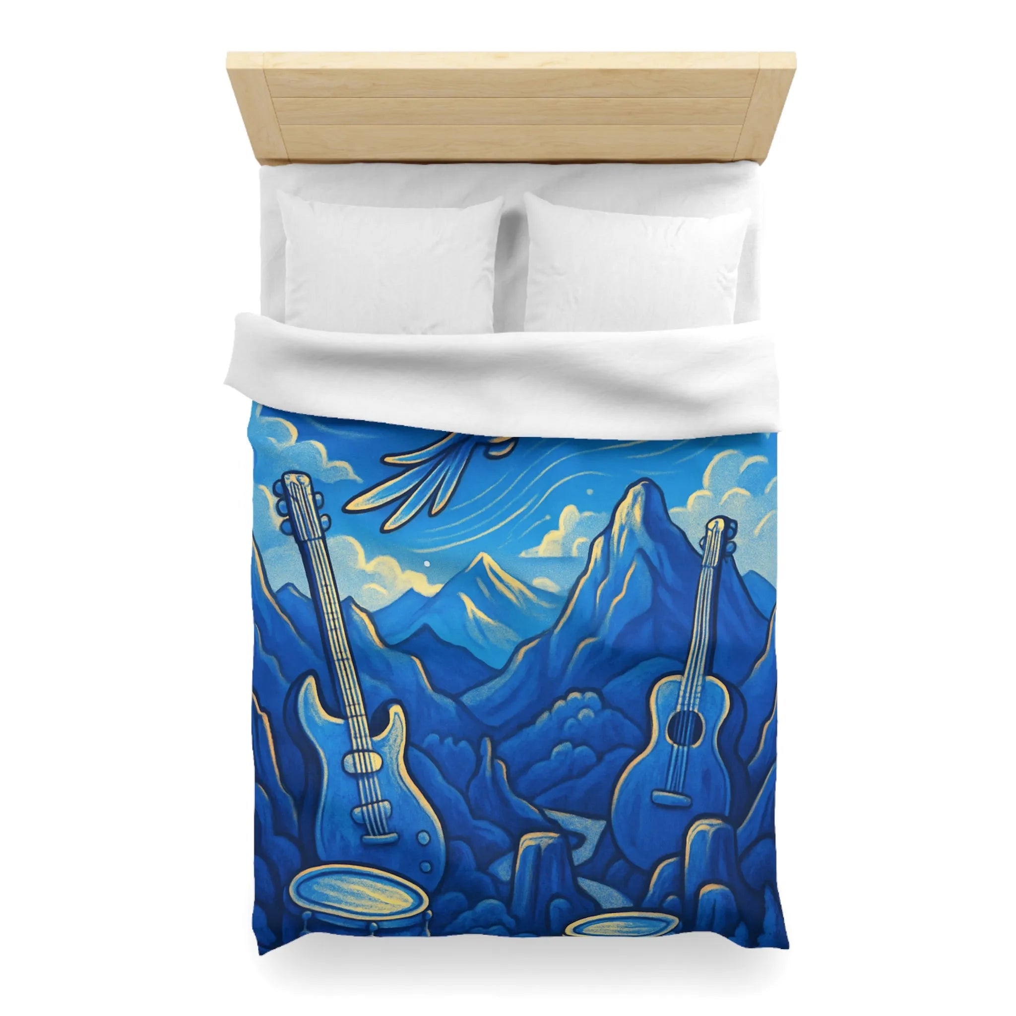 Housse de couette mélodieuse avec oiseau bleu et instruments de musique en montagne