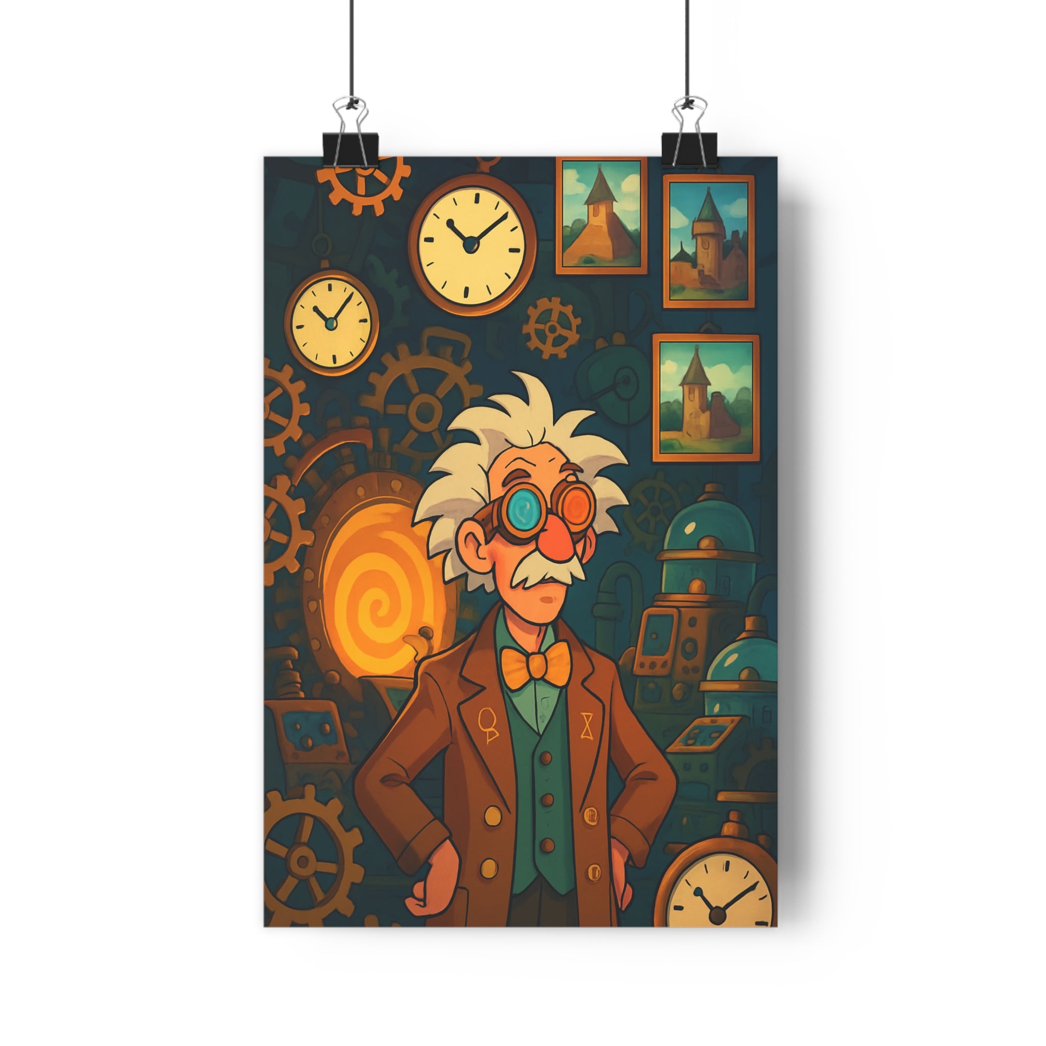 Poster décoratif steampunk vintage moustachu lunettes cuivre doré mystérieux inventif salon bureau rétro élégant