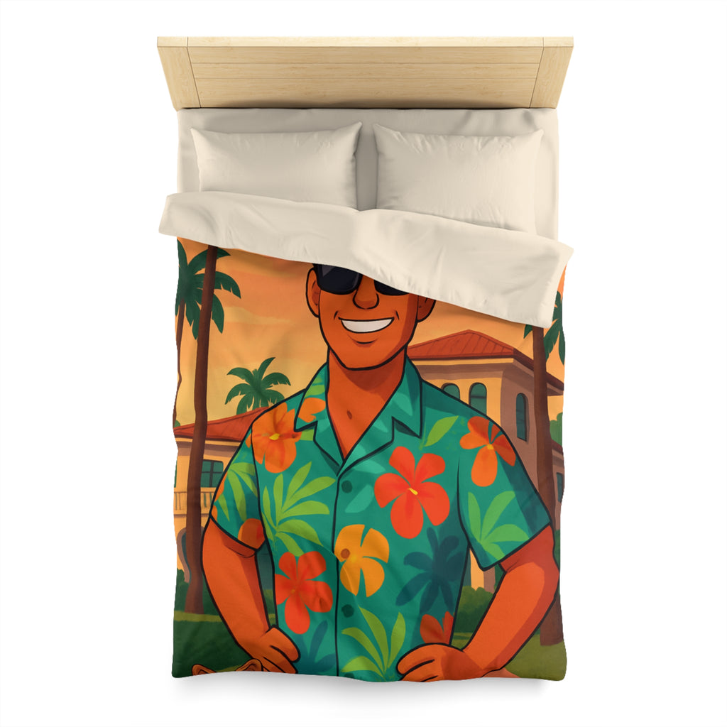 Housse de couette tropicale avec personnage souriant en chemise hawaïenne et palmiers