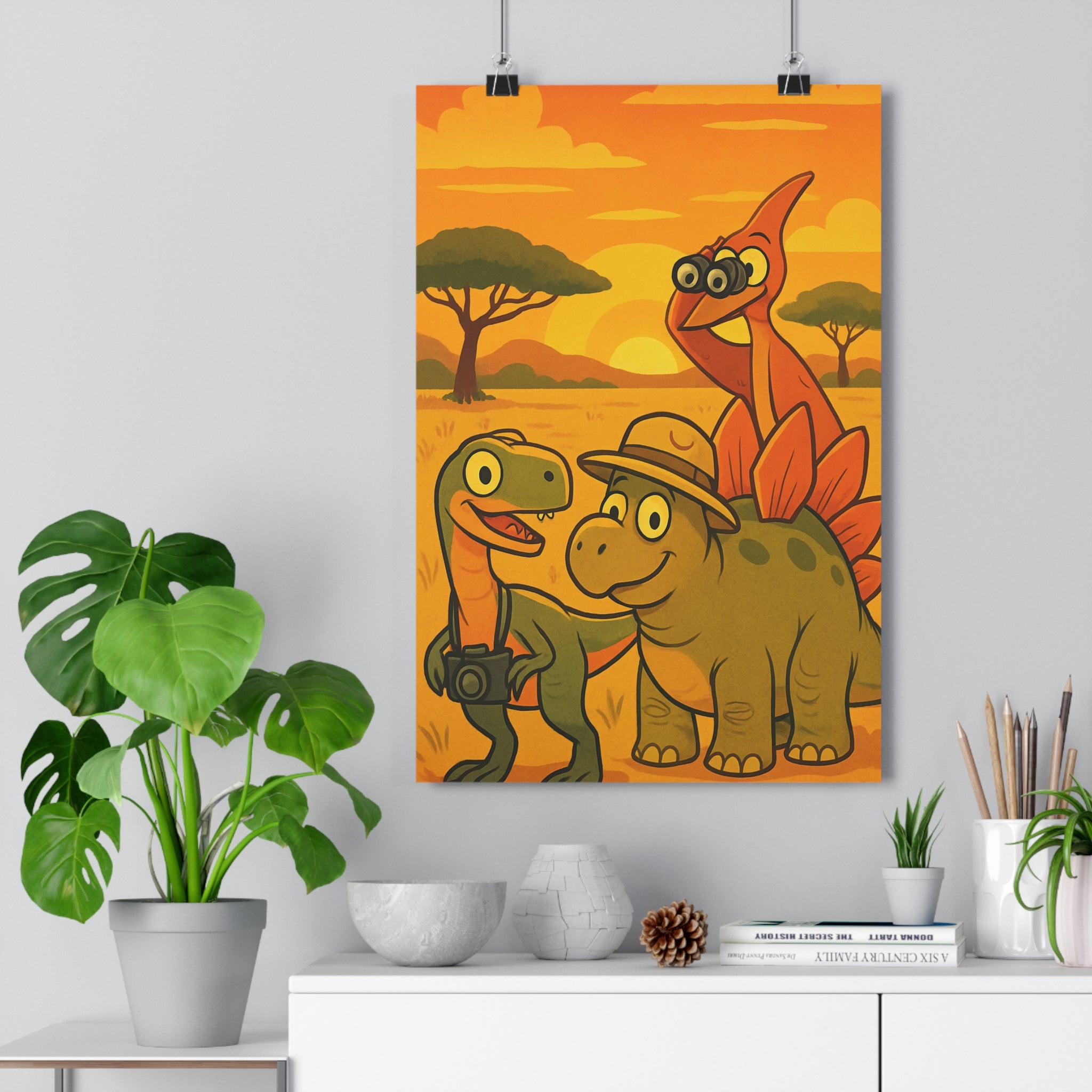 Poster décoratif cartoon orange jaune aventure enfant chambre dinosaure savane joyeux amusant style moderne