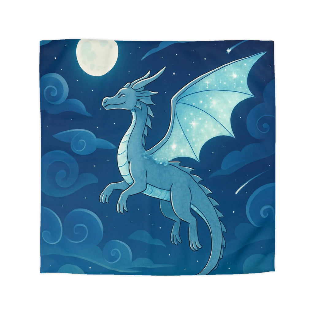 Housse de couette avec dragon bleu étincelant volant sous lune et étoiles scintillantes